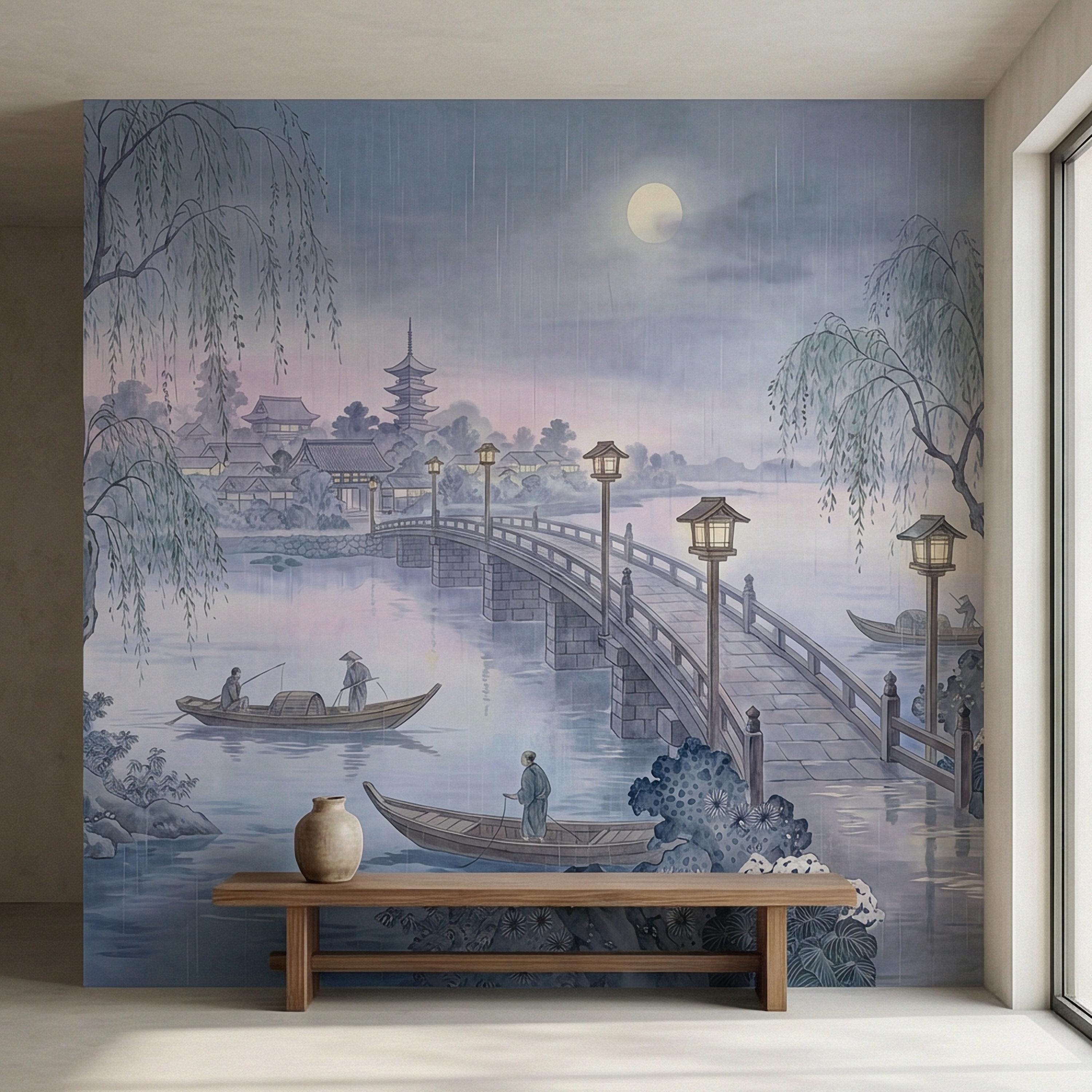Japanese Landscape Peel and Stick Wall Mural, Moonlit Bridge Pagoda Village, Rainy Willow Lake Scene, Serene Blue Wallpaper