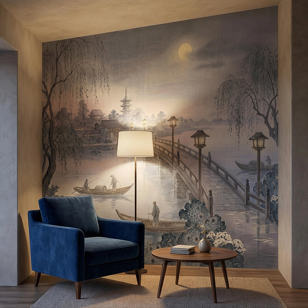 Japanese Landscape Peel and Stick Wall Mural, Moonlit Bridge Pagoda Village, Rainy Willow Lake Scene, Serene Blue Wallpaper