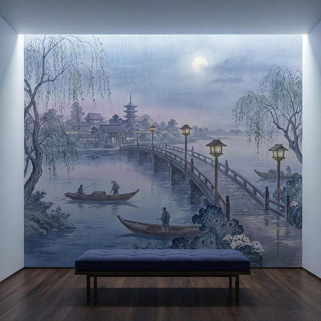 Japanese Landscape Peel and Stick Wall Mural, Moonlit Bridge Pagoda Village, Rainy Willow Lake Scene, Serene Blue Wallpaper