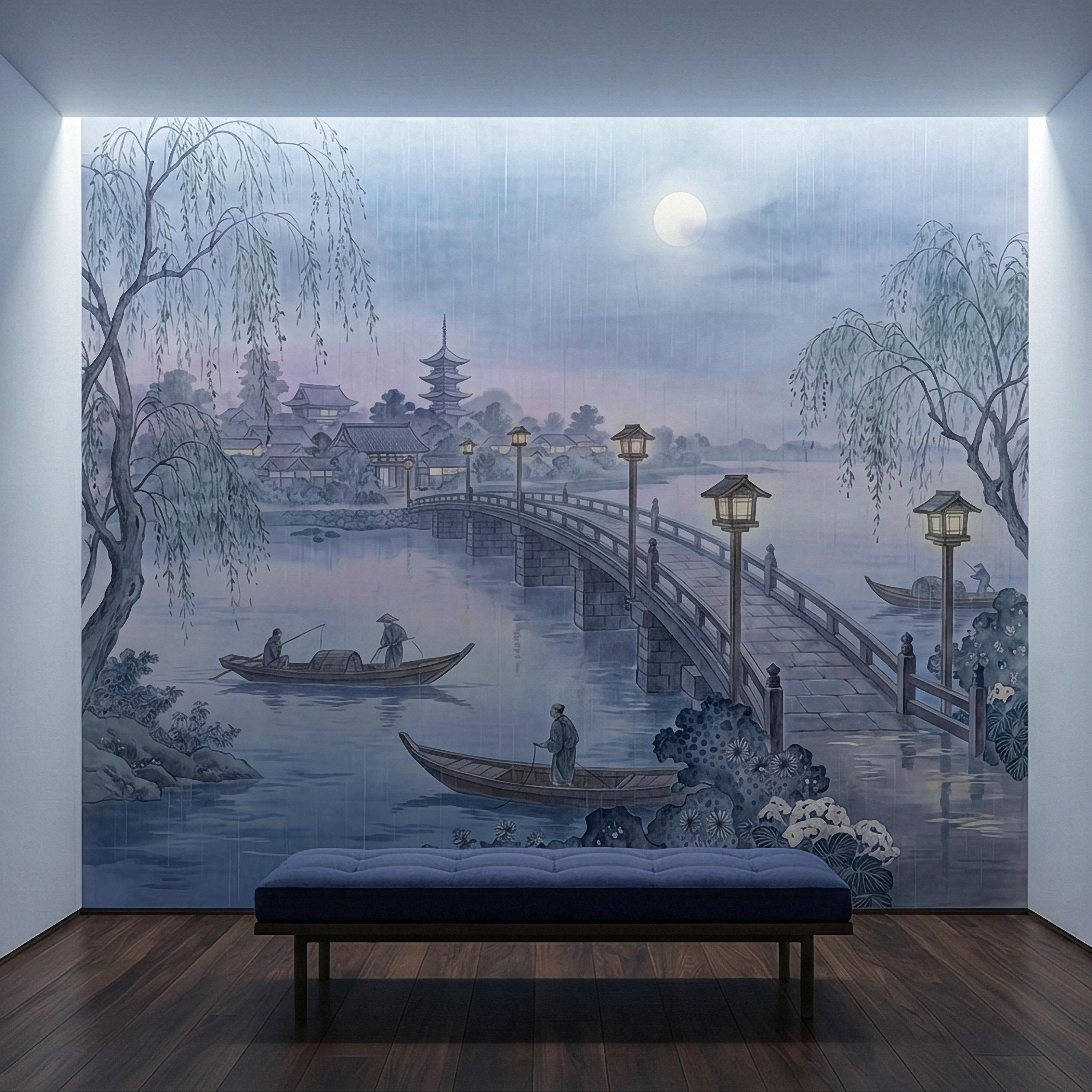 Japanese Landscape Peel and Stick Wall Mural, Moonlit Bridge Pagoda Village, Rainy Willow Lake Scene, Serene Blue Wallpaper