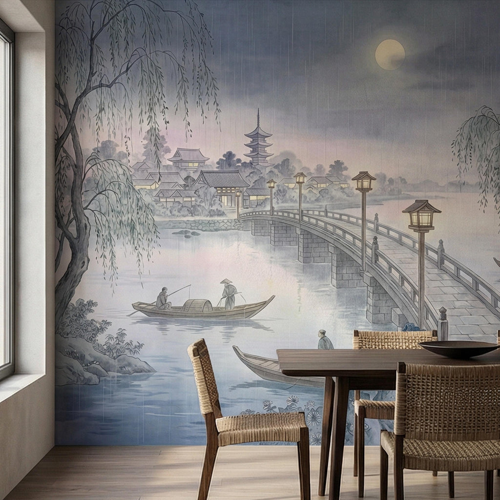 Japanese Landscape Peel and Stick Wall Mural, Moonlit Bridge Pagoda Village, Rainy Willow Lake Scene, Serene Blue Wallpaper