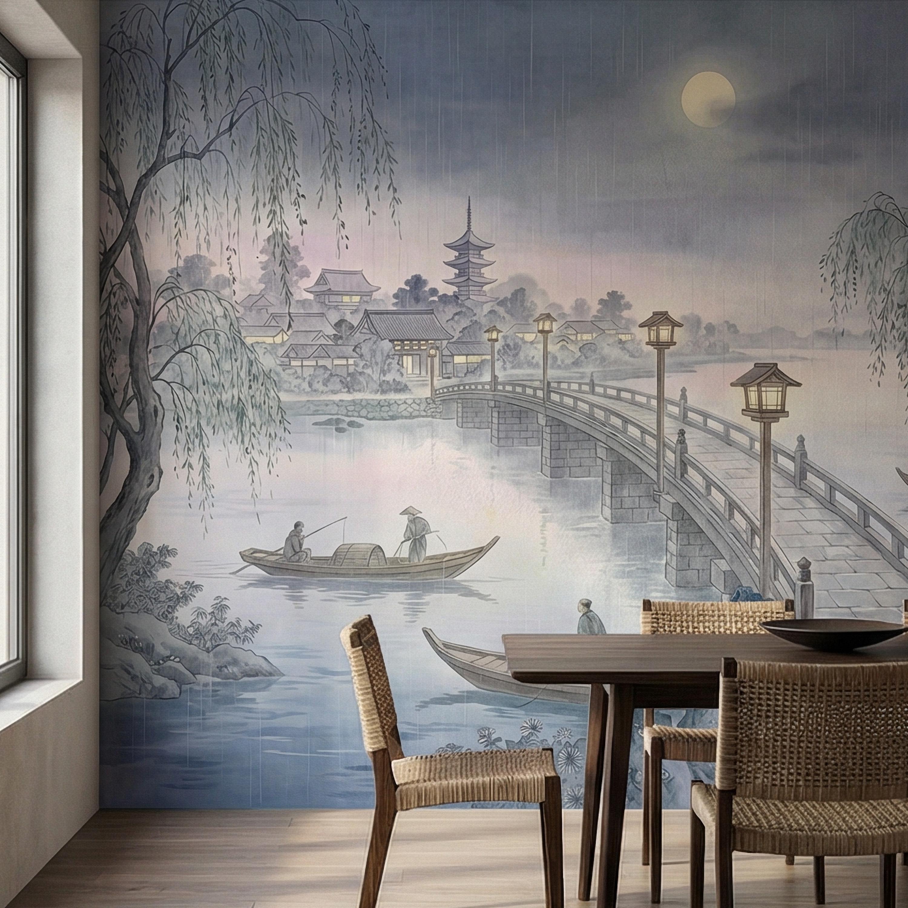 Japanese Landscape Peel and Stick Wall Mural, Moonlit Bridge Pagoda Village, Rainy Willow Lake Scene, Serene Blue Wallpaper