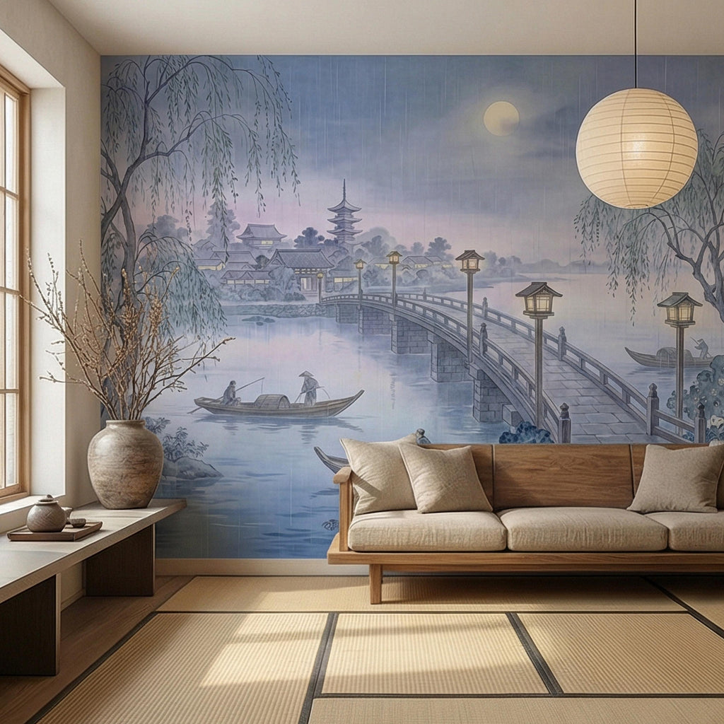 Japanese Landscape Peel and Stick Wall Mural, Moonlit Bridge Pagoda Village, Rainy Willow Lake Scene, Serene Blue Wallpaper