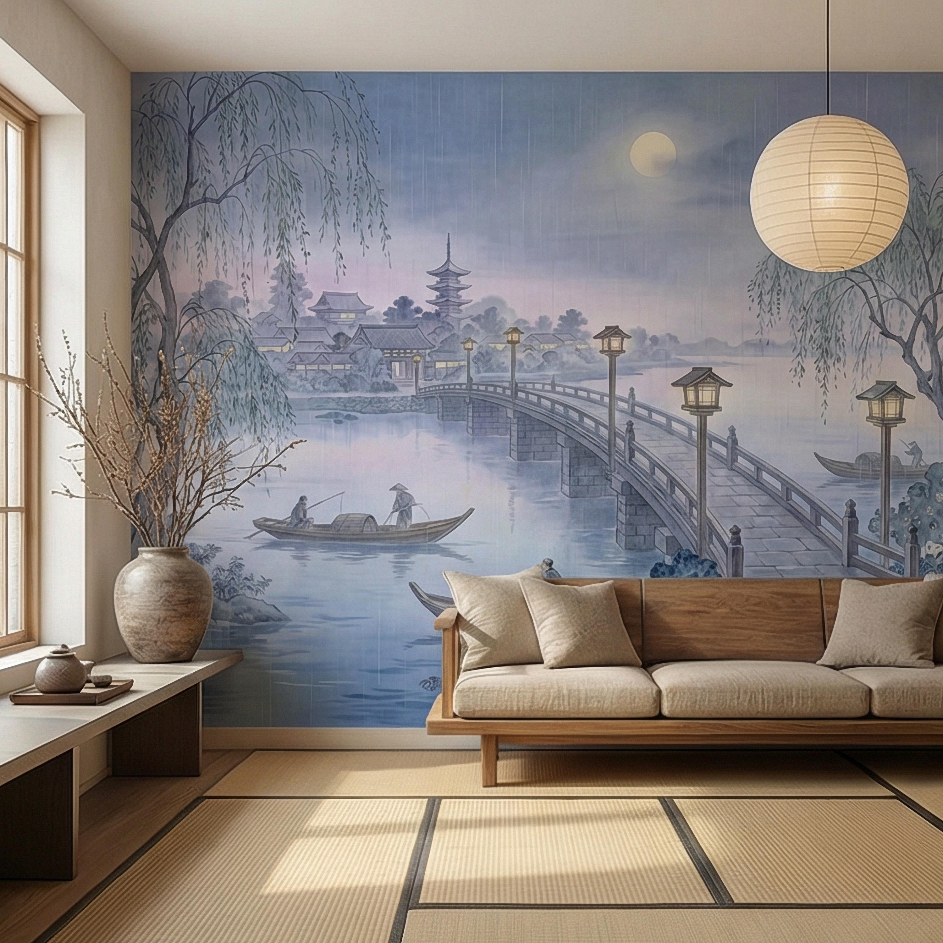 Japanese Landscape Peel and Stick Wall Mural, Moonlit Bridge Pagoda Village, Rainy Willow Lake Scene, Serene Blue Wallpaper