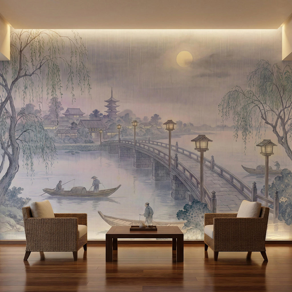Japanese Landscape Peel and Stick Wall Mural, Moonlit Bridge Pagoda Village, Rainy Willow Lake Scene, Serene Blue Wallpaper