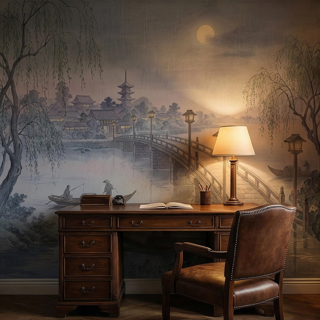 Japanese Landscape Peel and Stick Wall Mural, Moonlit Bridge Pagoda Village, Rainy Willow Lake Scene, Serene Blue Wallpaper