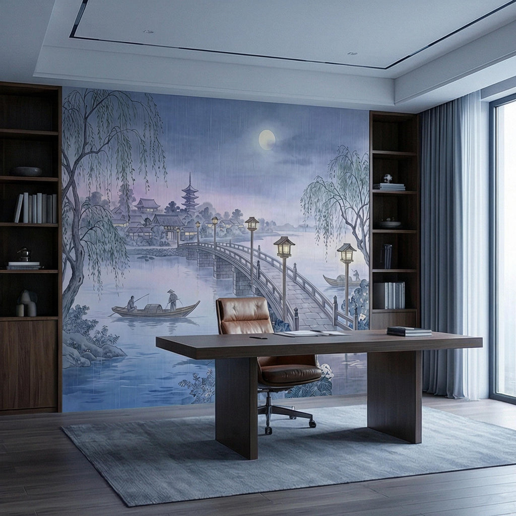 Japanese Landscape Peel and Stick Wall Mural, Moonlit Bridge Pagoda Village, Rainy Willow Lake Scene, Serene Blue Wallpaper