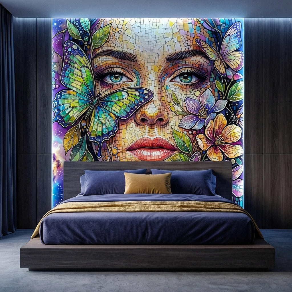 Celestial Butterfly Peel and Stick Wall Mural, Colorful Mosaic Woman Portrait, Cosmic Floral Galaxy Face, Fantasy Wallpaper