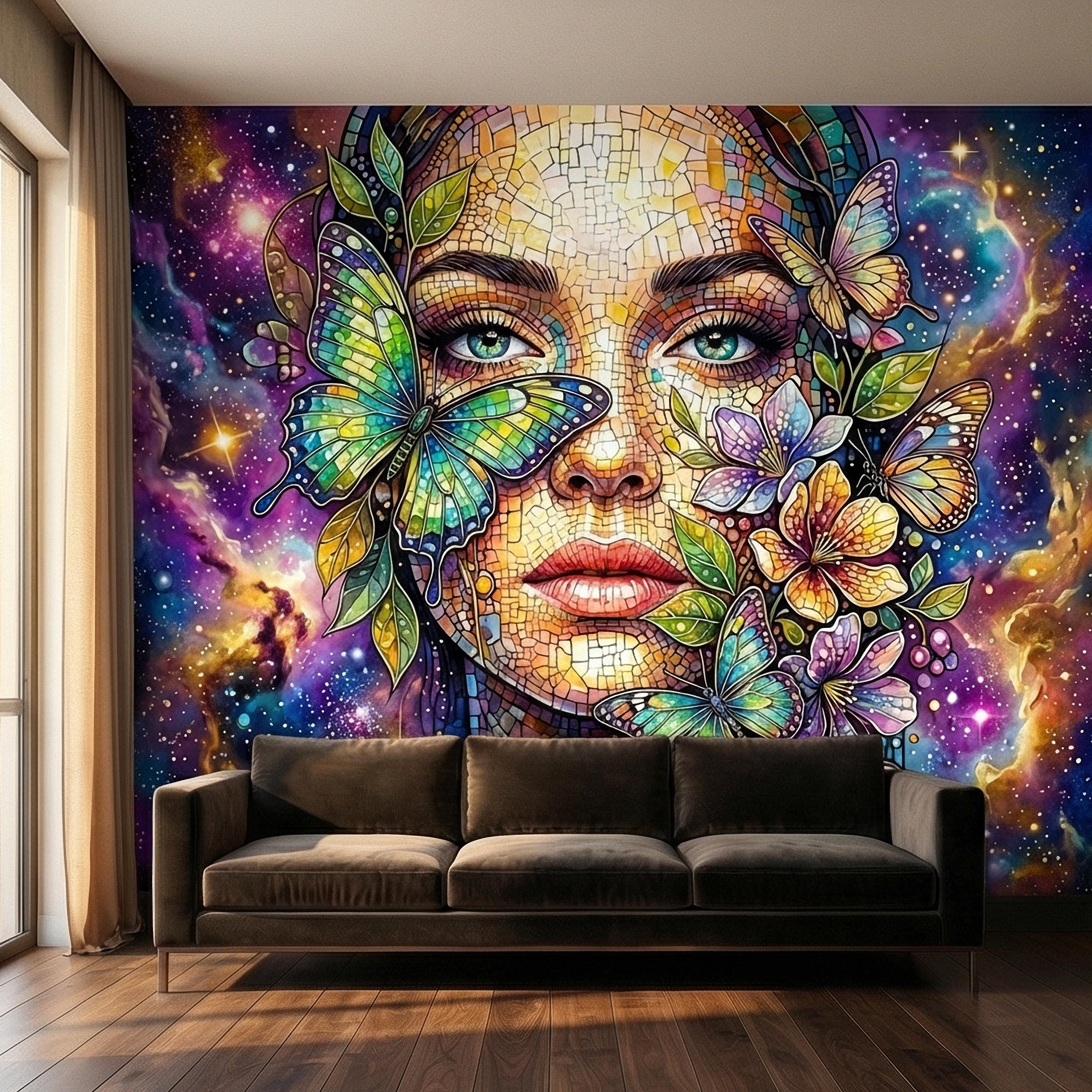 Celestial Butterfly Peel and Stick Wall Mural, Colorful Mosaic Woman Portrait, Cosmic Floral Galaxy Face, Fantasy Wallpaper