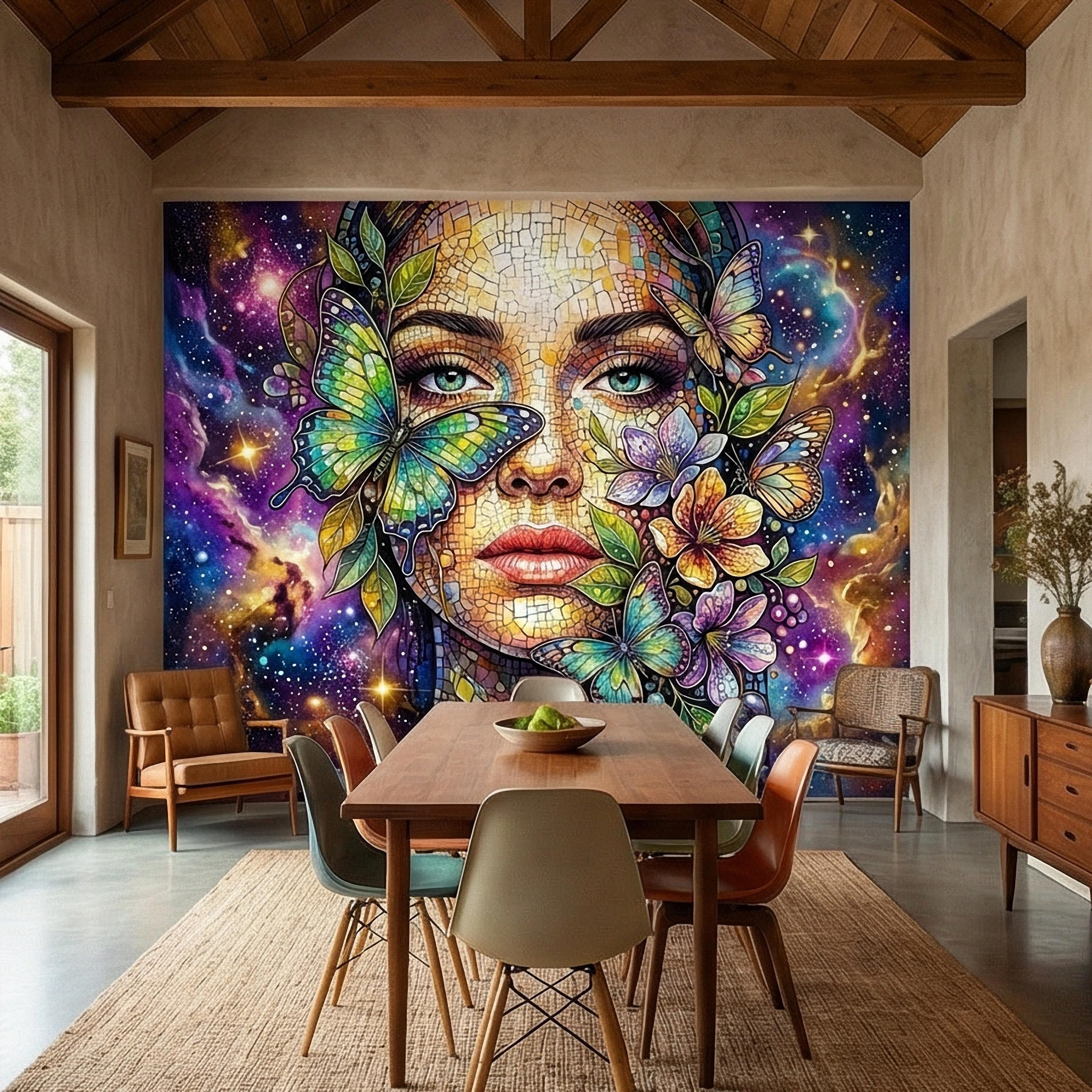 Celestial Butterfly Peel and Stick Wall Mural, Colorful Mosaic Woman Portrait, Cosmic Floral Galaxy Face, Fantasy Wallpaper