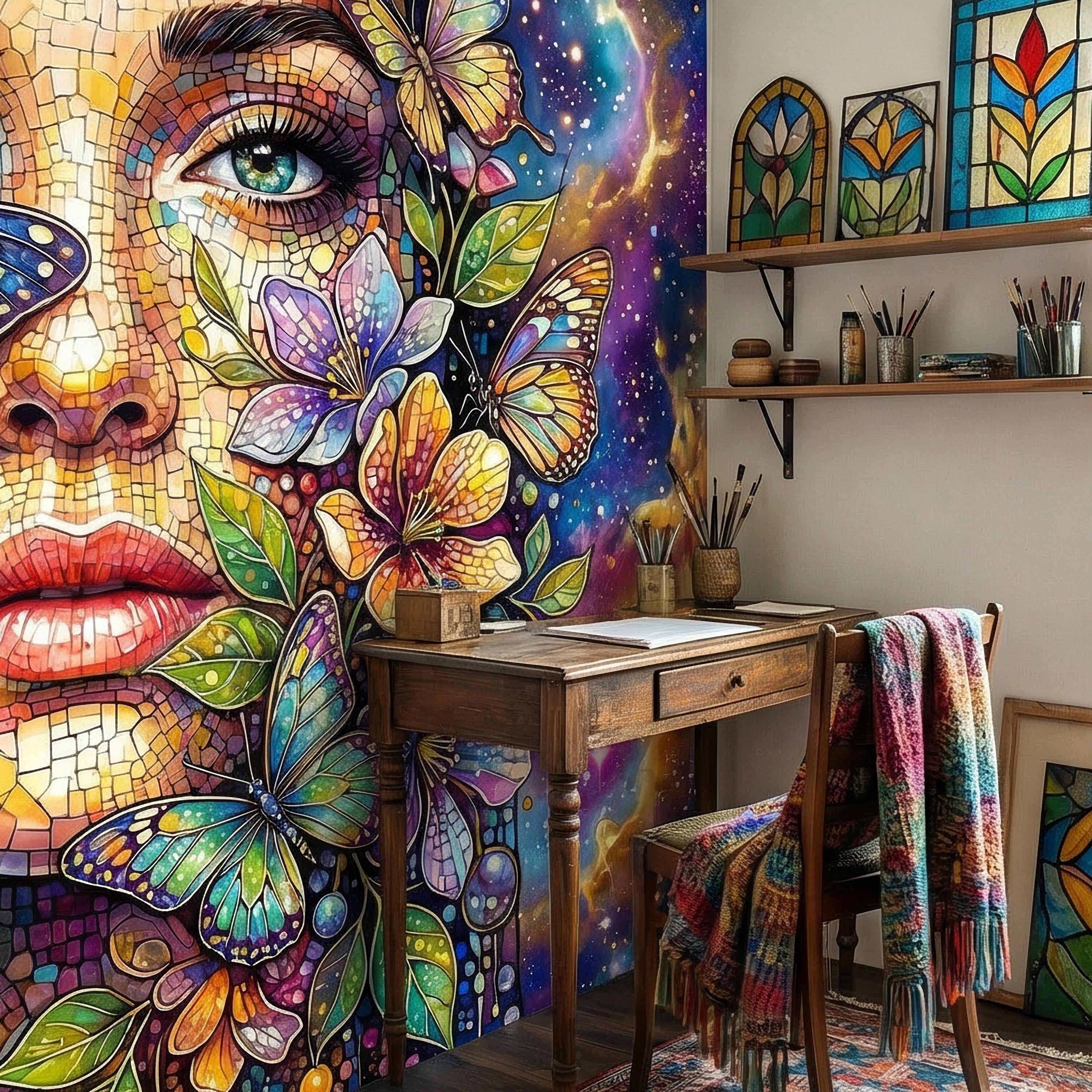 Celestial Butterfly Peel and Stick Wall Mural, Colorful Mosaic Woman Portrait, Cosmic Floral Galaxy Face, Fantasy Wallpaper