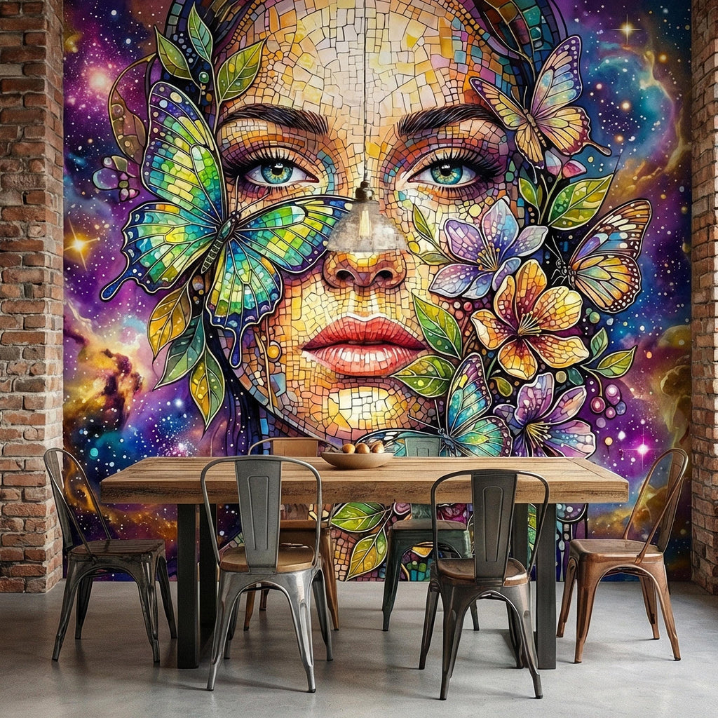 Celestial Butterfly Peel and Stick Wall Mural, Colorful Mosaic Woman Portrait, Cosmic Floral Galaxy Face, Fantasy Wallpaper