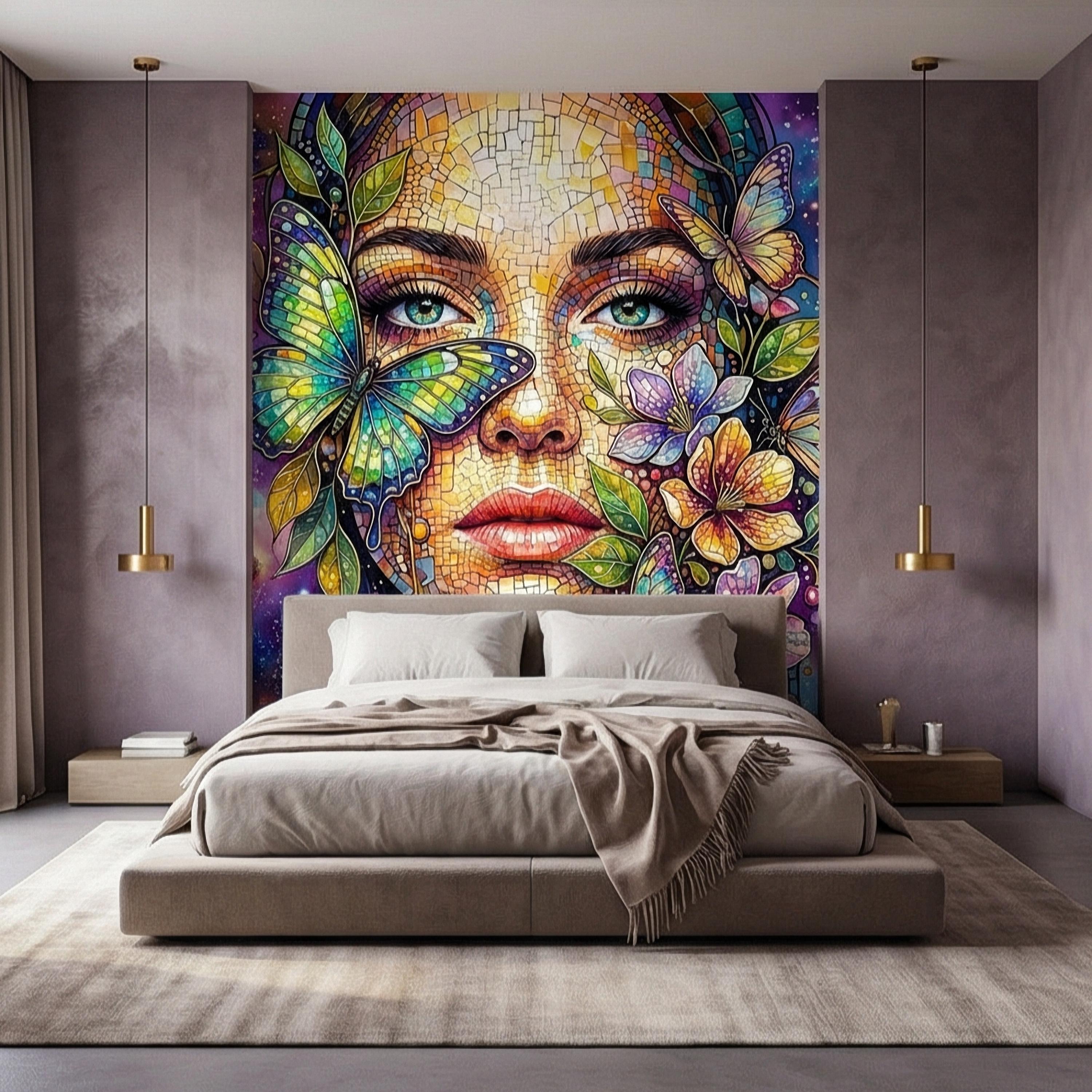 Celestial Butterfly Peel and Stick Wall Mural, Colorful Mosaic Woman Portrait, Cosmic Floral Galaxy Face, Fantasy Wallpaper