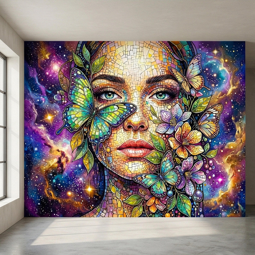 Celestial Butterfly Peel and Stick Wall Mural, Colorful Mosaic Woman Portrait, Cosmic Floral Galaxy Face, Fantasy Wallpaper
