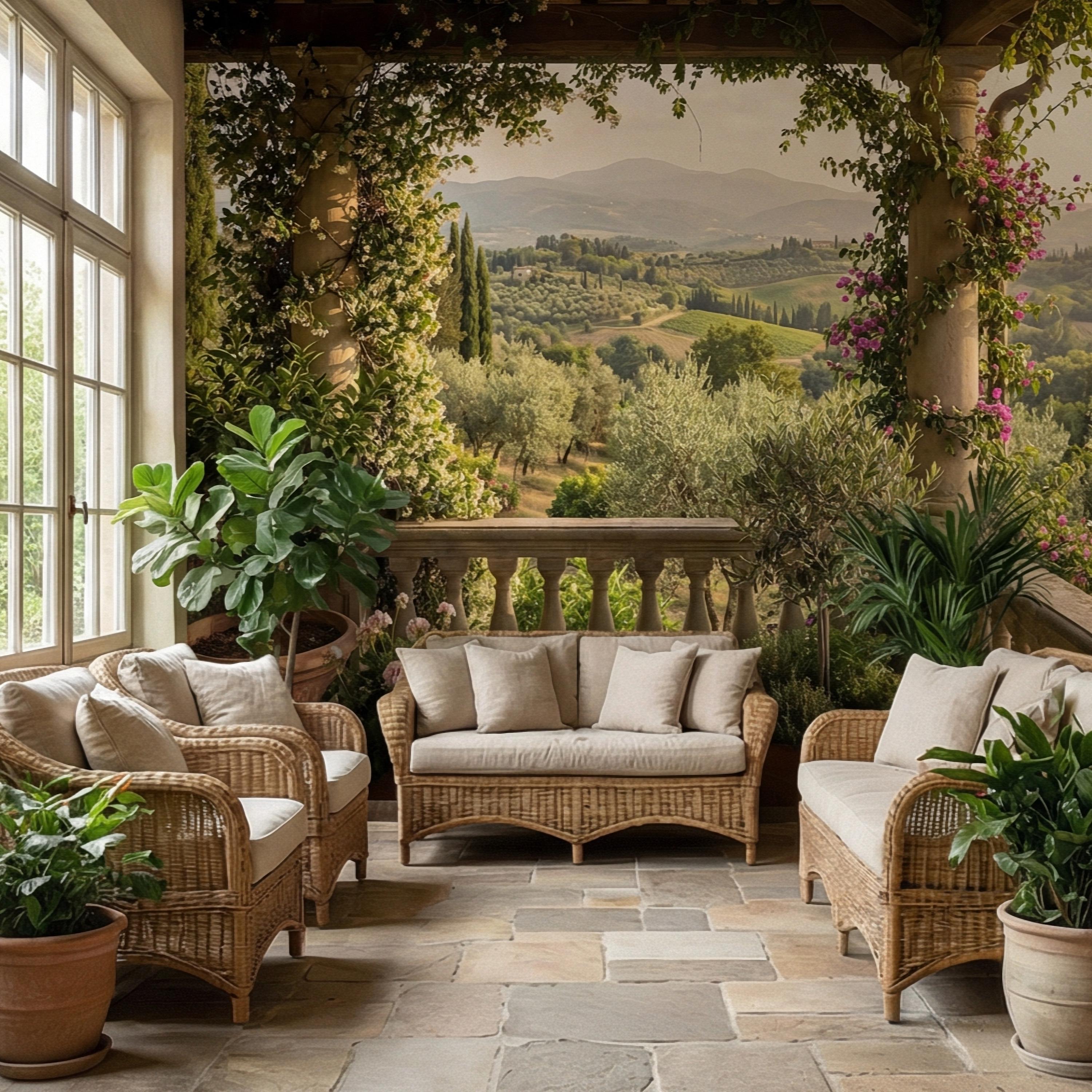 Tuscan Veranda Peel and Stick Wall Mural, Italian Countryside Villa View, Old World Mediterranean Landscape Wallpaper