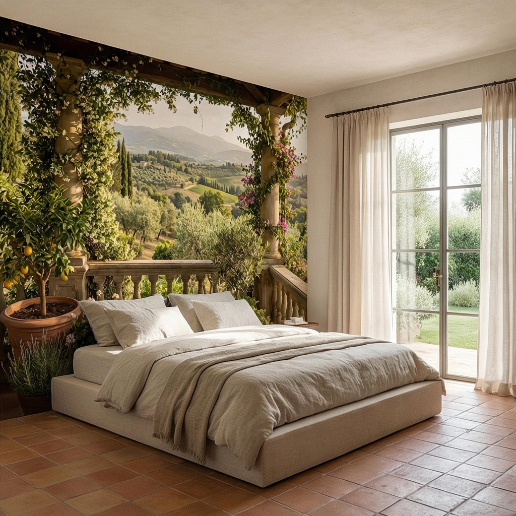 Tuscan Veranda Peel and Stick Wall Mural, Italian Countryside Villa View, Old World Mediterranean Landscape Wallpaper