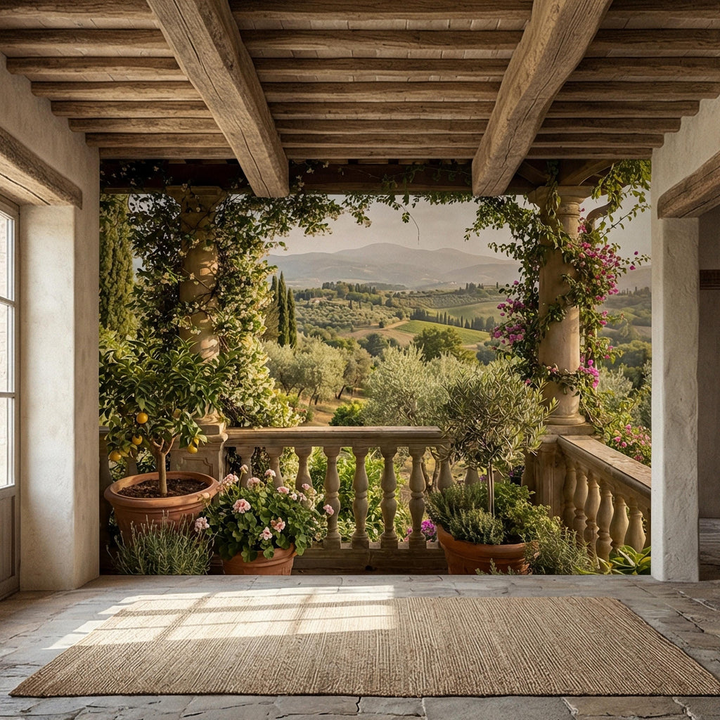 Tuscan Veranda Peel and Stick Wall Mural, Italian Countryside Villa View, Old World Mediterranean Landscape Wallpaper