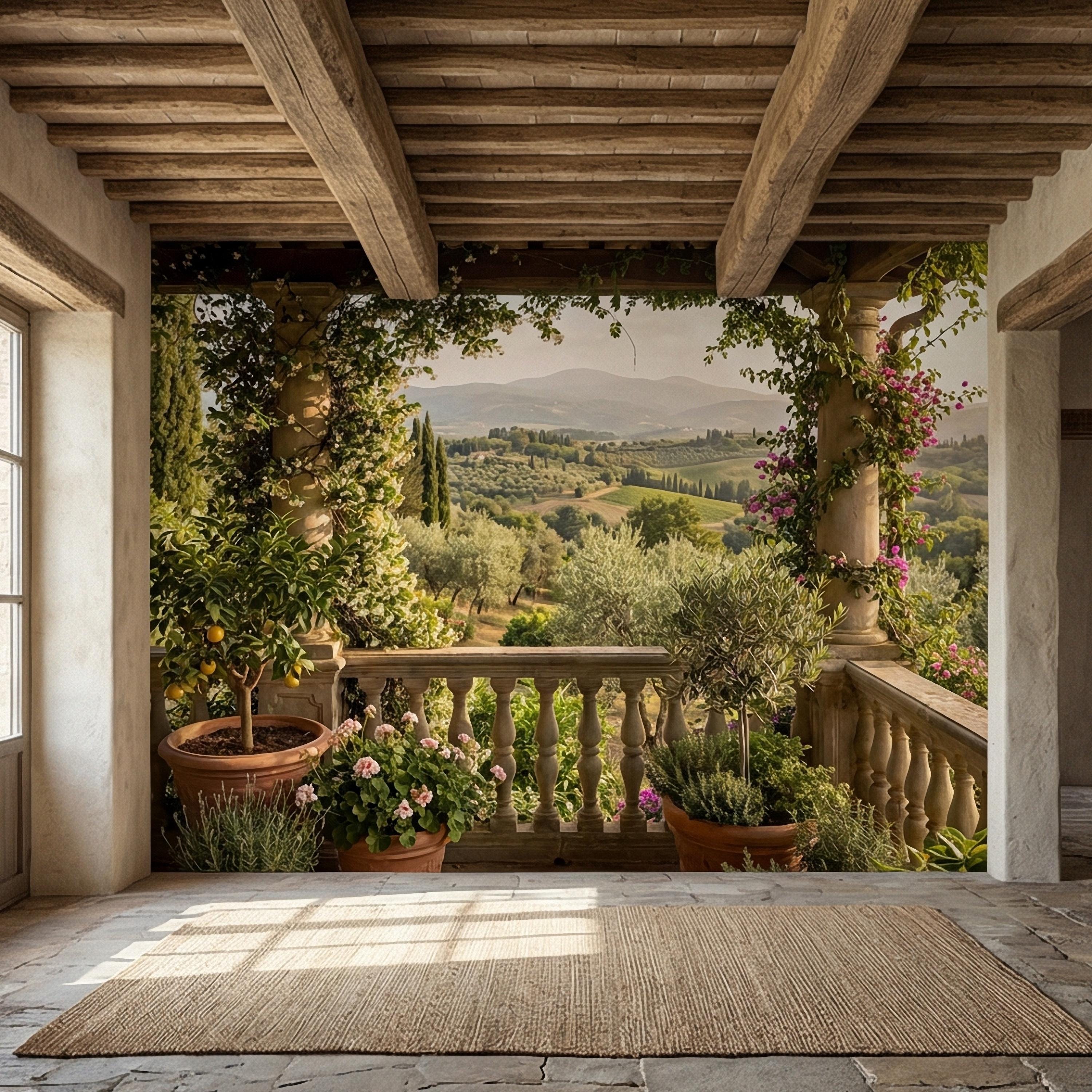 Tuscan Veranda Peel and Stick Wall Mural, Italian Countryside Villa View, Old World Mediterranean Landscape Wallpaper