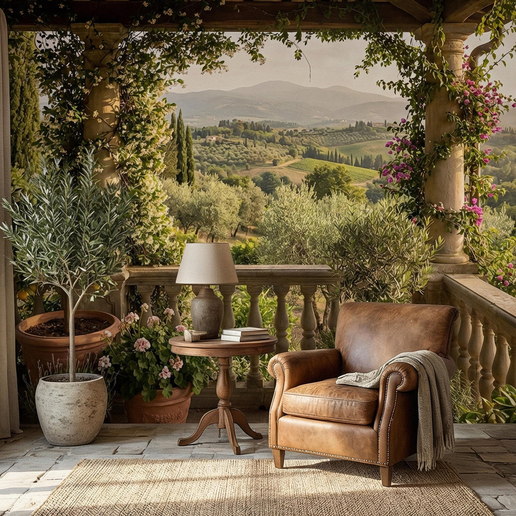 Tuscan Veranda Peel and Stick Wall Mural, Italian Countryside Villa View, Old World Mediterranean Landscape Wallpaper