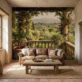 Tuscan Veranda Peel and Stick Wall Mural, Italian Countryside Villa View, Old World Mediterranean Landscape Wallpaper
