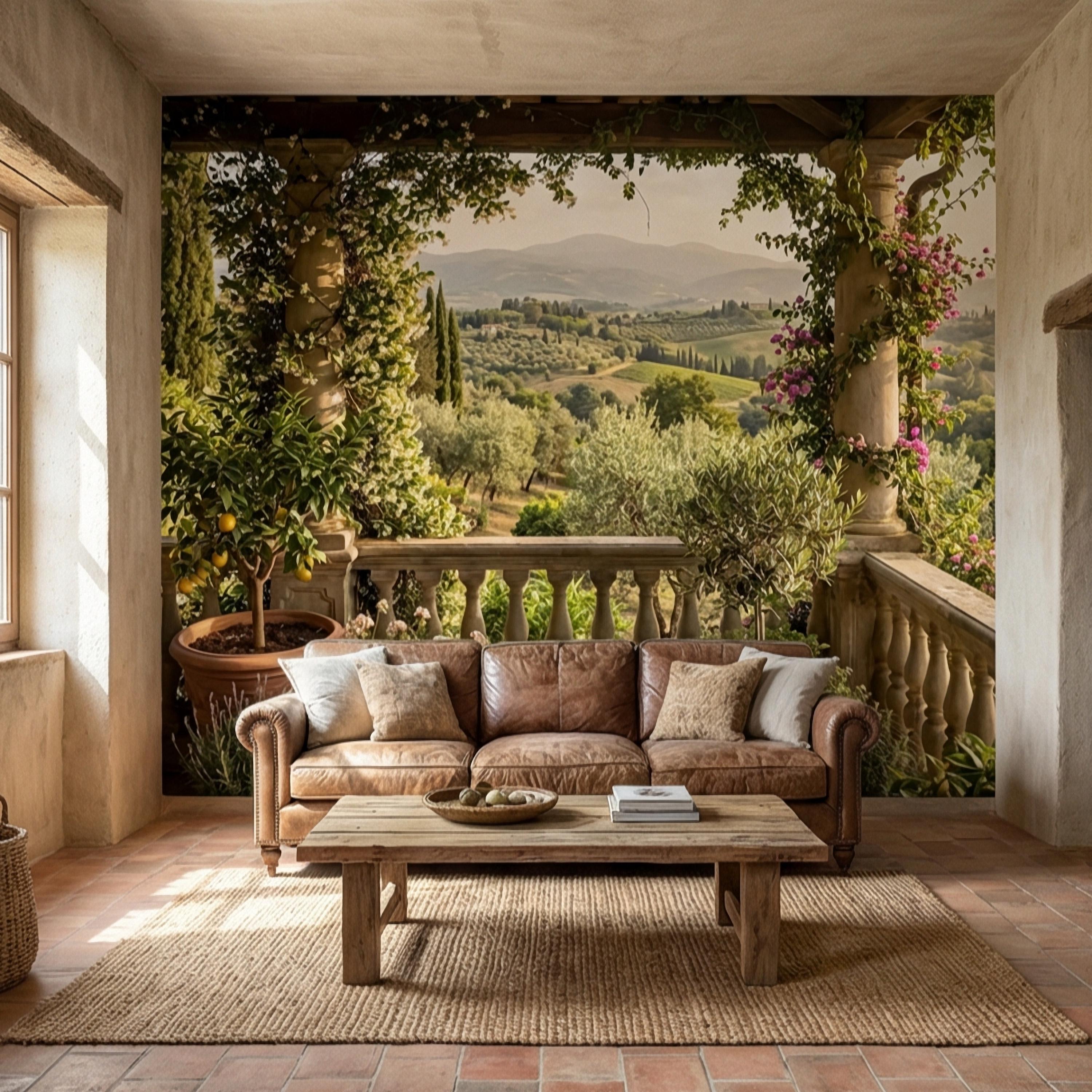 Tuscan Veranda Peel and Stick Wall Mural, Italian Countryside Villa View, Old World Mediterranean Landscape Wallpaper