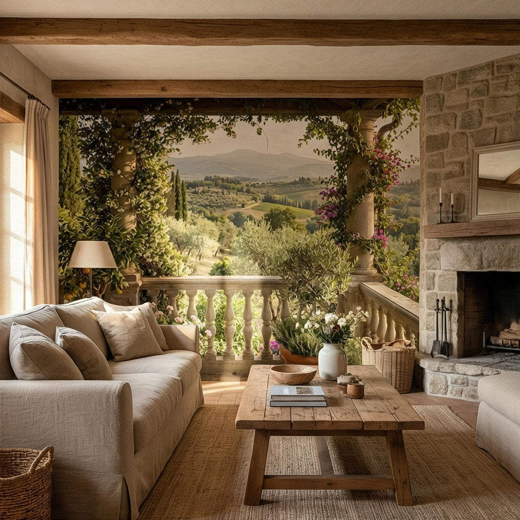 Tuscan Veranda Peel and Stick Wall Mural, Italian Countryside Villa View, Old World Mediterranean Landscape Wallpaper