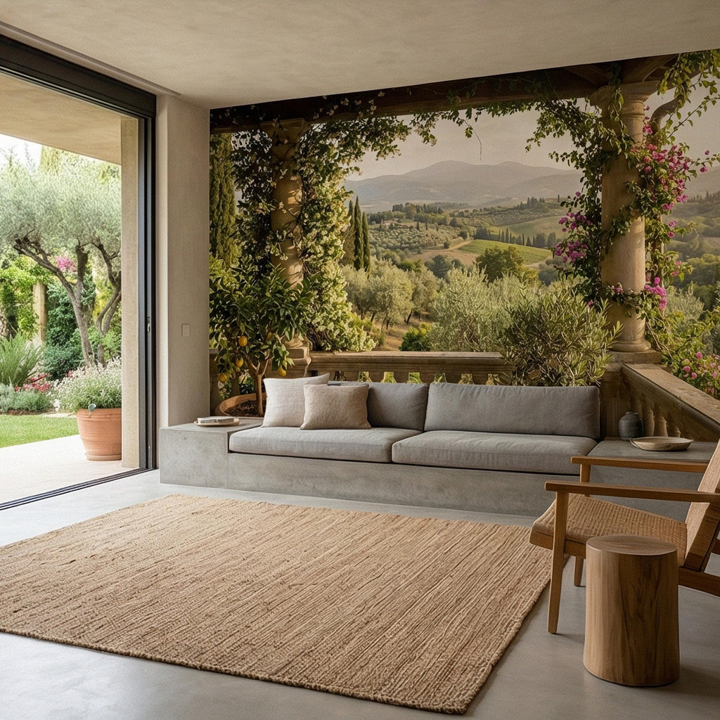 Tuscan Veranda Peel and Stick Wall Mural, Italian Countryside Villa View, Old World Mediterranean Landscape Wallpaper