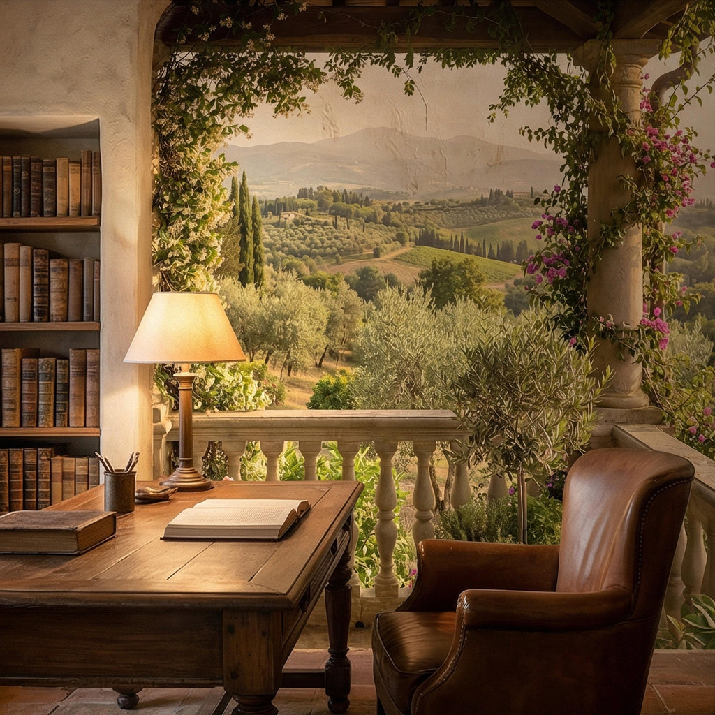 Tuscan Veranda Peel and Stick Wall Mural, Italian Countryside Villa View, Old World Mediterranean Landscape Wallpaper