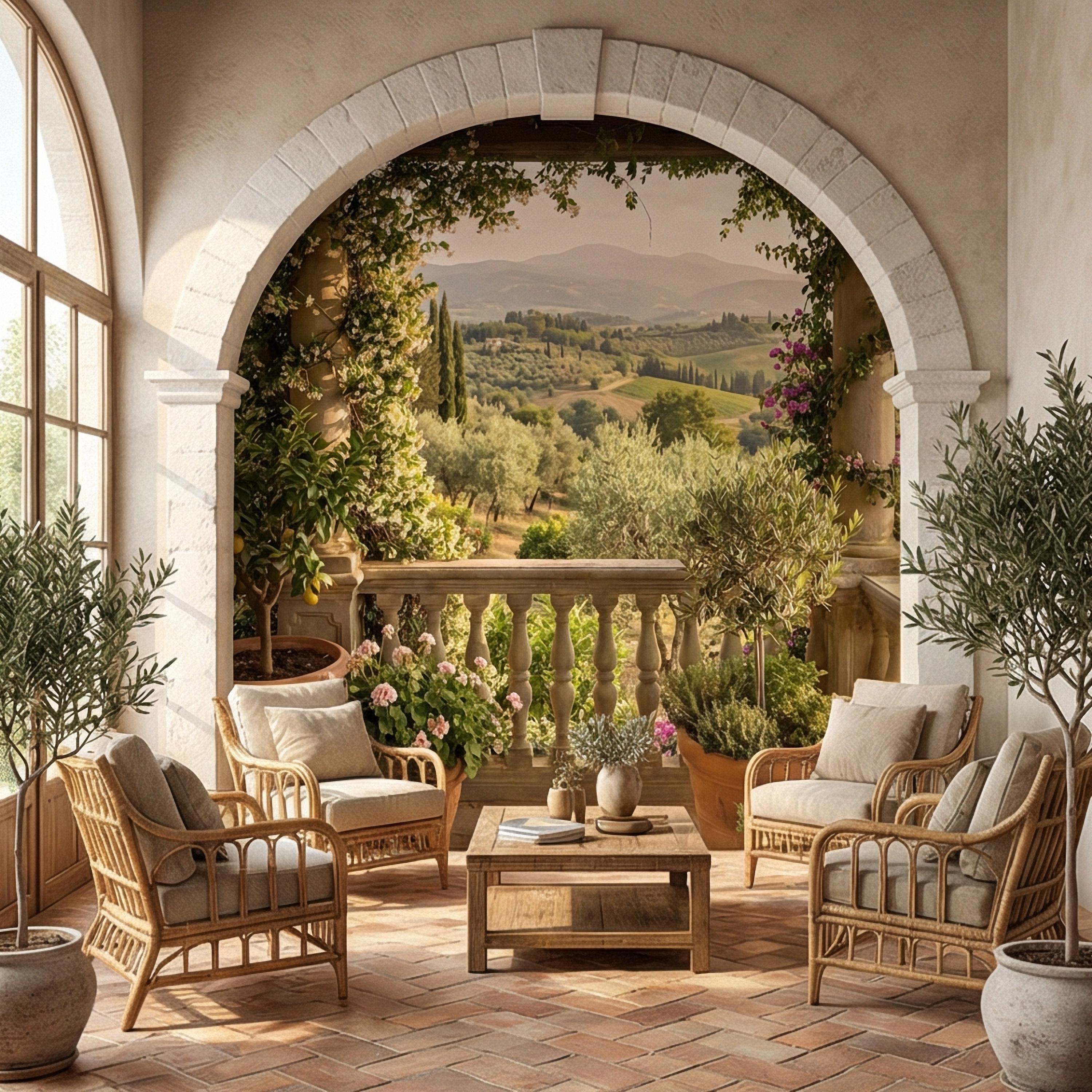 Tuscan Veranda Peel and Stick Wall Mural, Italian Countryside Villa View, Old World Mediterranean Landscape Wallpaper
