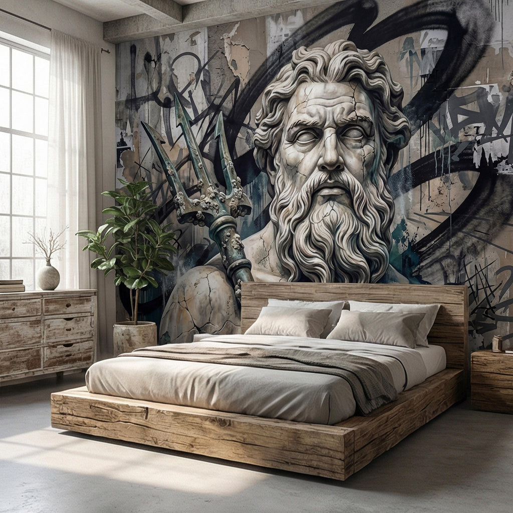 Poseidon Graffiti Peel and Stick Wall Mural, Greek God Street Art, Neptune Statue Urban Industrial Wallpaper