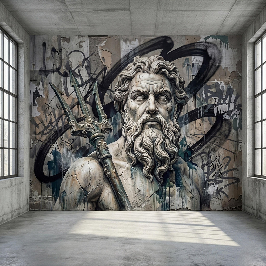 Poseidon Graffiti Peel and Stick Wall Mural, Greek God Street Art, Neptune Statue Urban Industrial Wallpaper