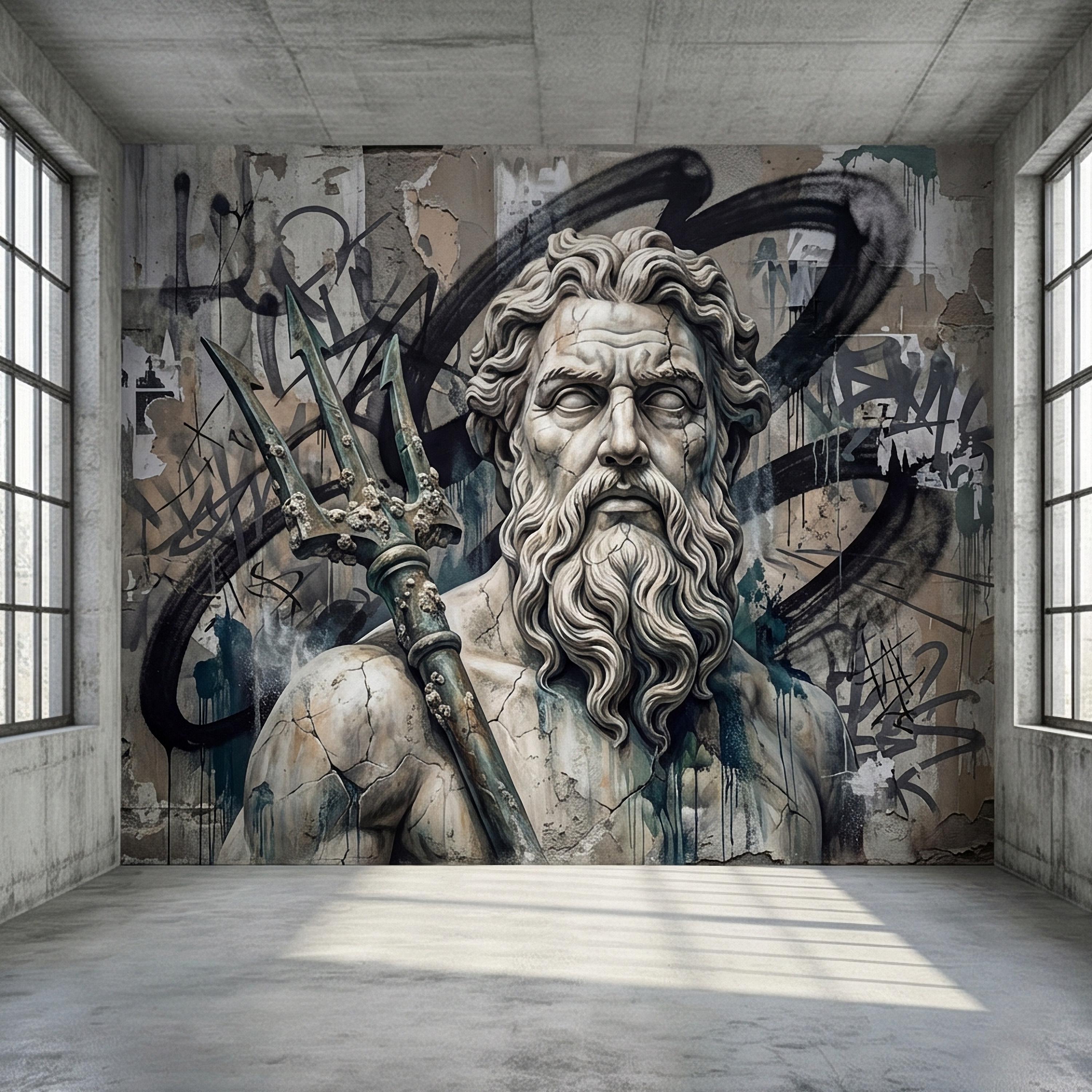 Poseidon Graffiti Peel and Stick Wall Mural, Greek God Street Art, Neptune Statue Urban Industrial Wallpaper