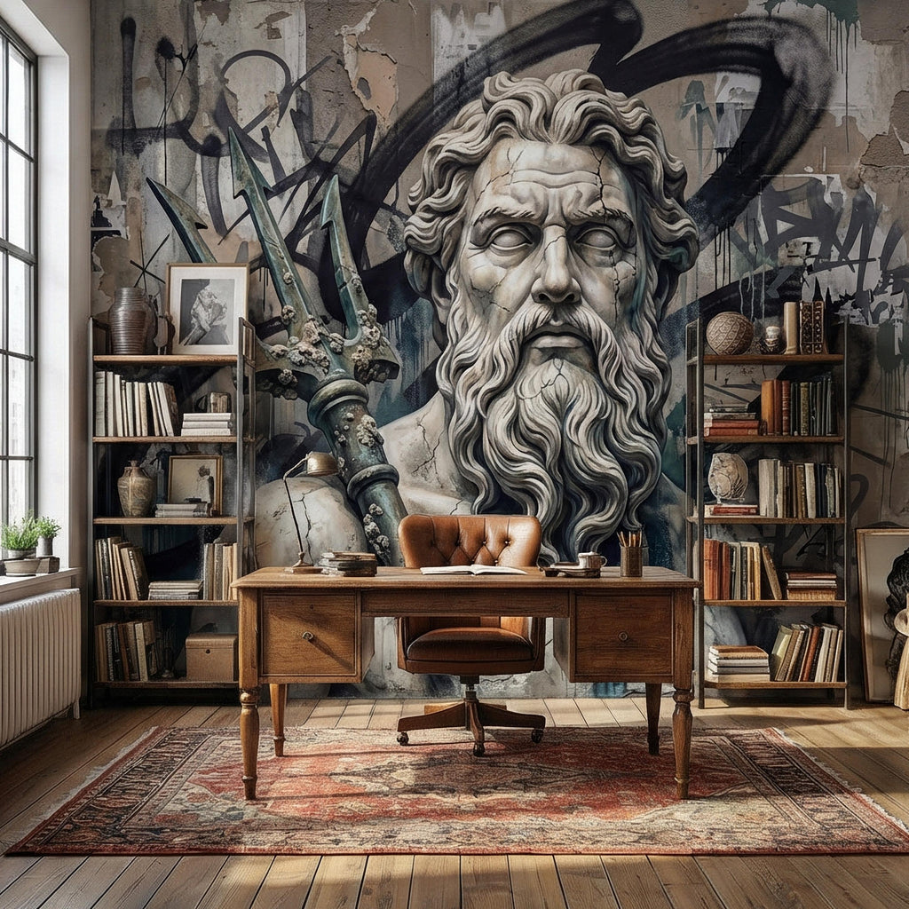 Poseidon Graffiti Peel and Stick Wall Mural, Greek God Street Art, Neptune Statue Urban Industrial Wallpaper