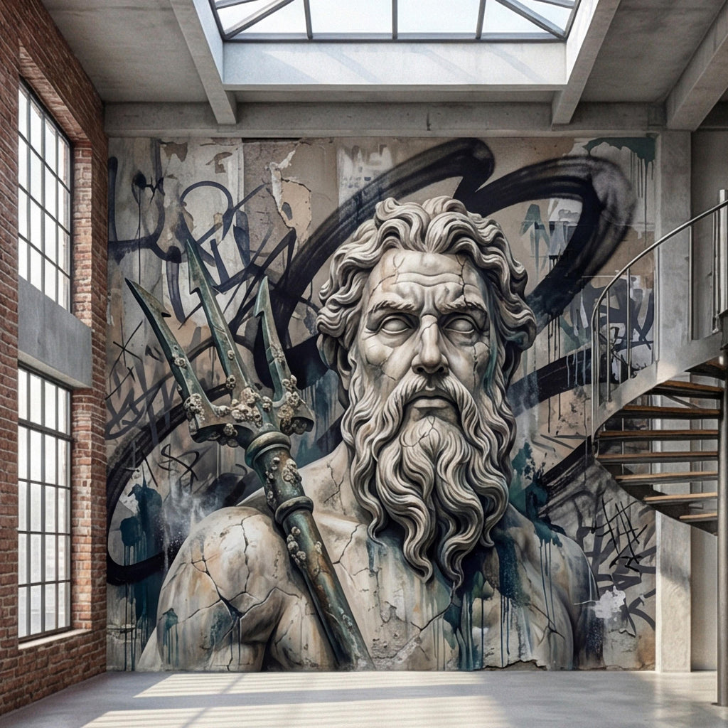 Poseidon Graffiti Peel and Stick Wall Mural, Greek God Street Art, Neptune Statue Urban Industrial Wallpaper