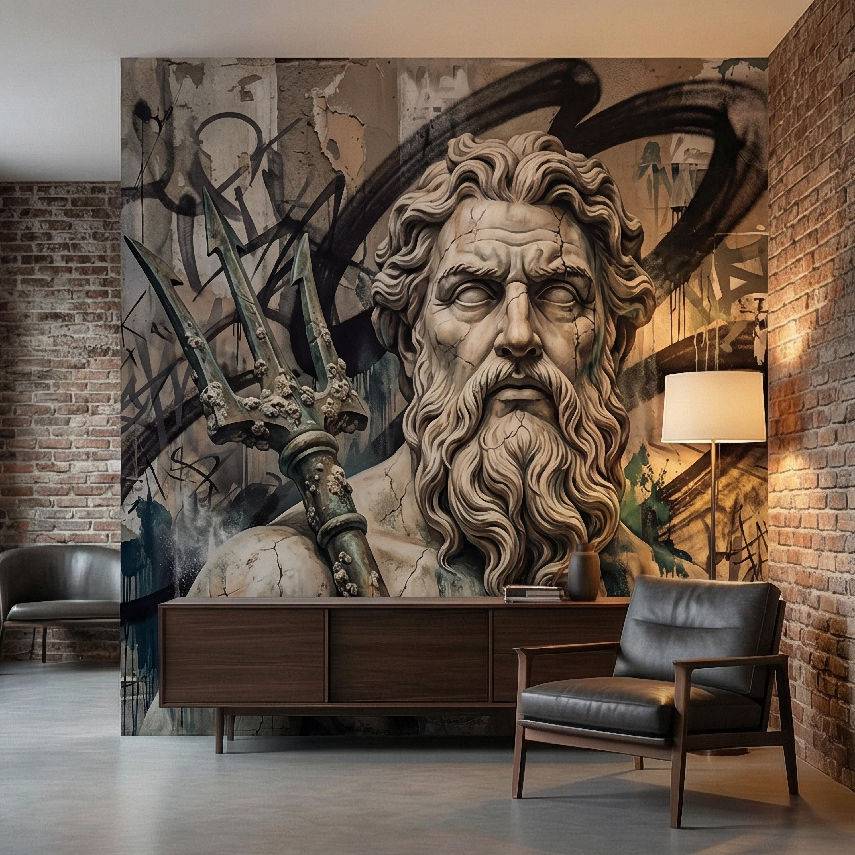 Poseidon Graffiti Peel and Stick Wall Mural, Greek God Street Art, Neptune Statue Urban Industrial Wallpaper