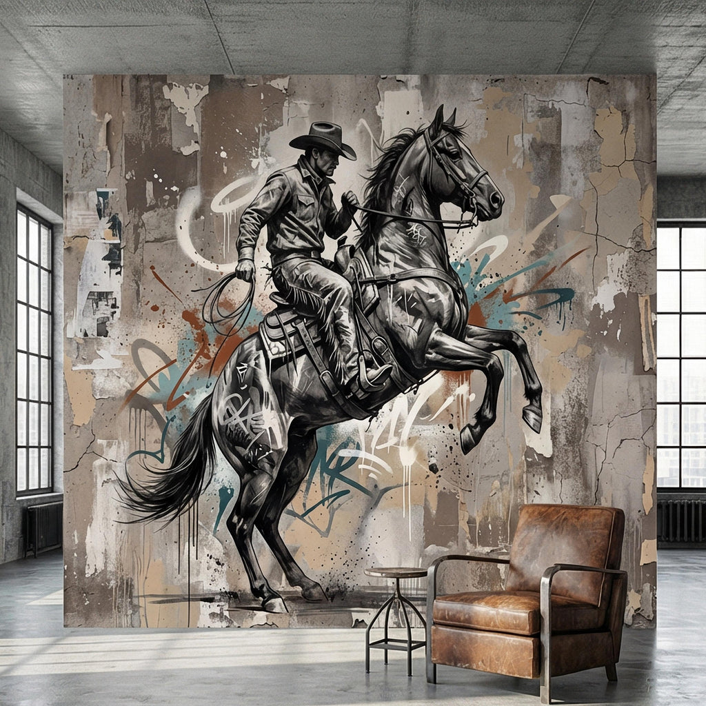 Western Cowboy Peel and Stick Wall Mural, Rodeo Horse Graffiti, Modern Urban Street Art Wallpaper