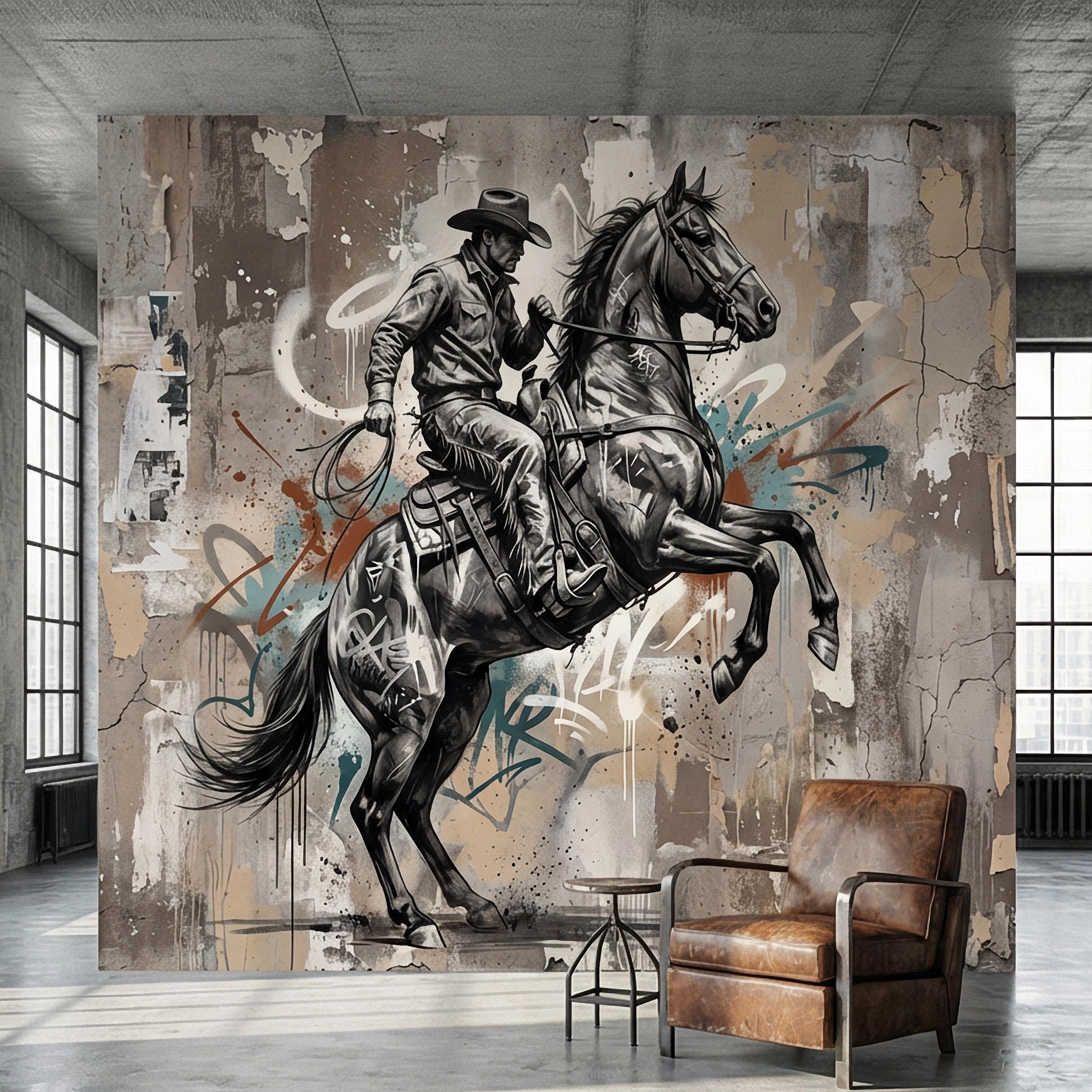 Western Cowboy Peel and Stick Wall Mural, Rodeo Horse Graffiti, Modern Urban Street Art Wallpaper