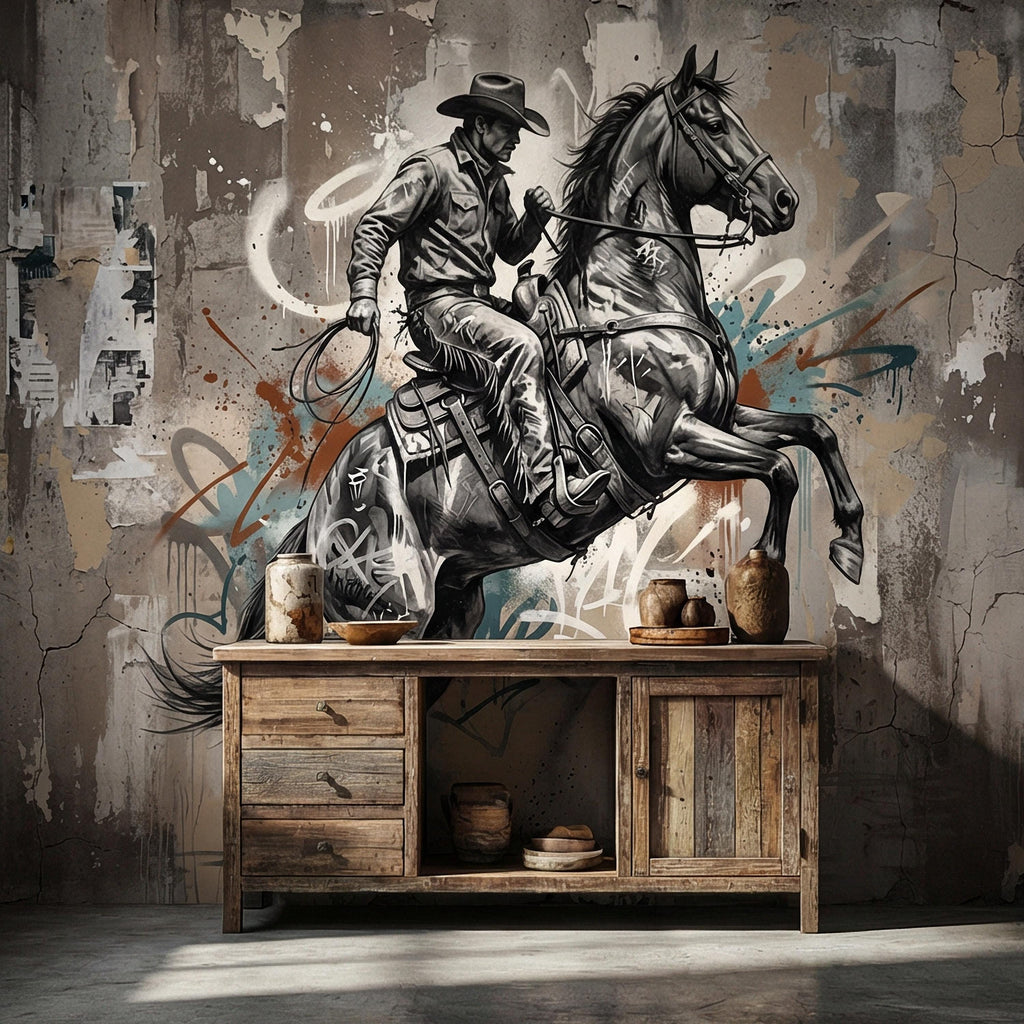 Western Cowboy Peel and Stick Wall Mural, Rodeo Horse Graffiti, Modern Urban Street Art Wallpaper