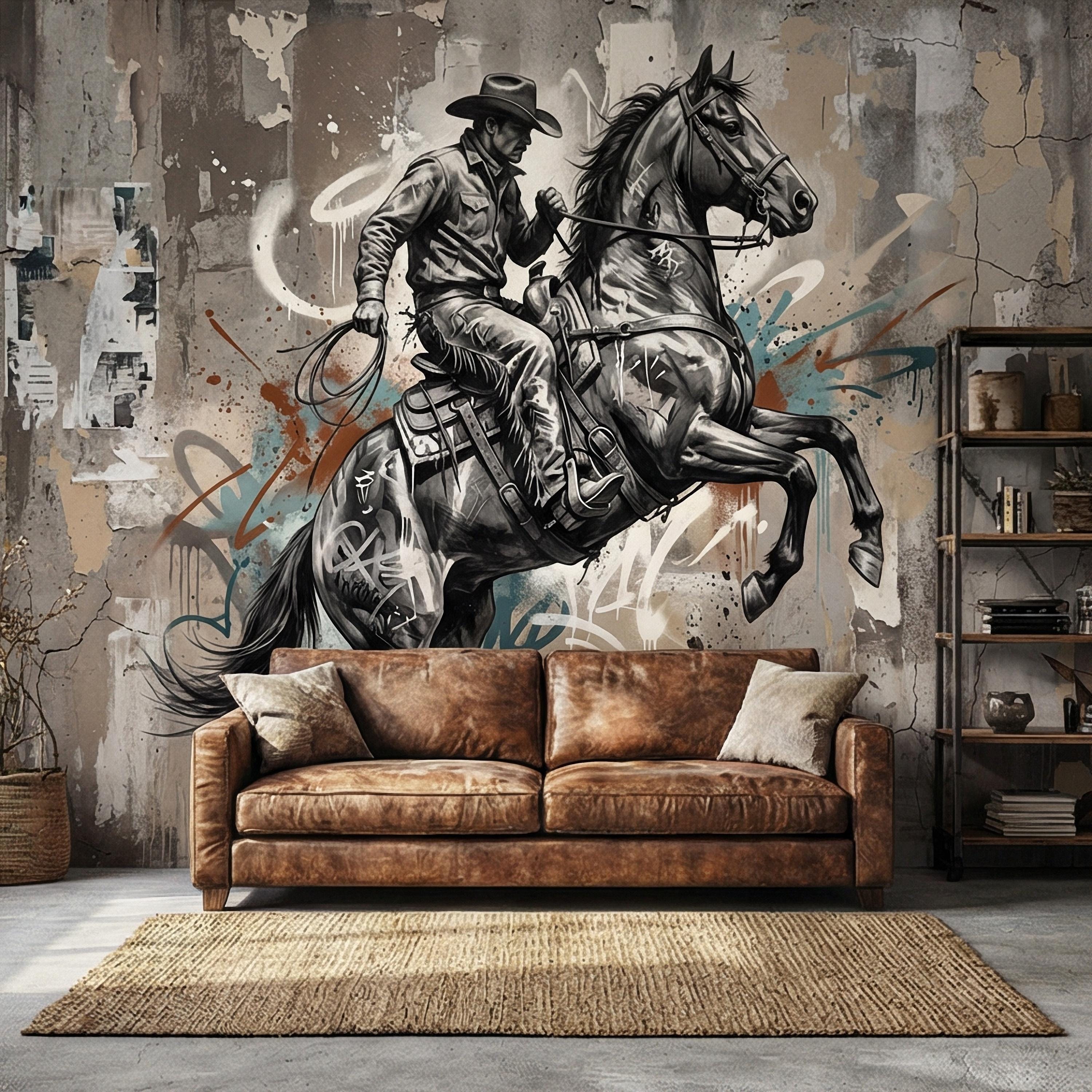 Western Cowboy Peel and Stick Wall Mural, Rodeo Horse Graffiti, Modern Urban Street Art Wallpaper