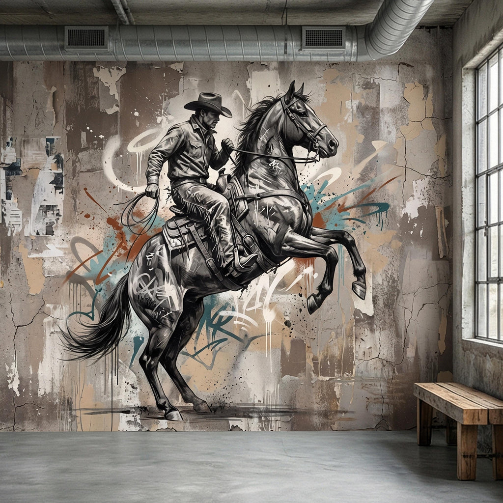 Western Cowboy Peel and Stick Wall Mural, Rodeo Horse Graffiti, Modern Urban Street Art Wallpaper