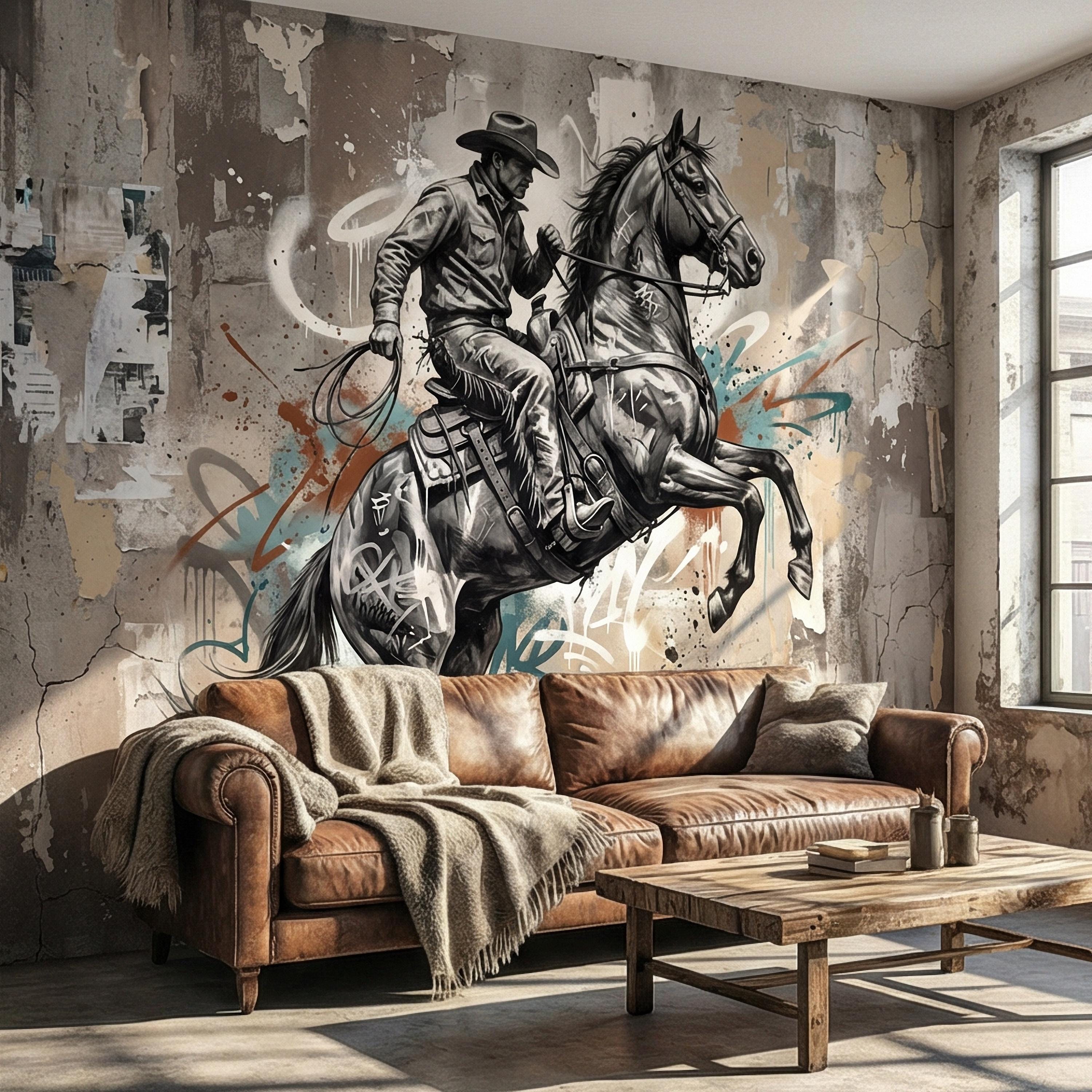 Western Cowboy Peel and Stick Wall Mural, Rodeo Horse Graffiti, Modern Urban Street Art Wallpaper