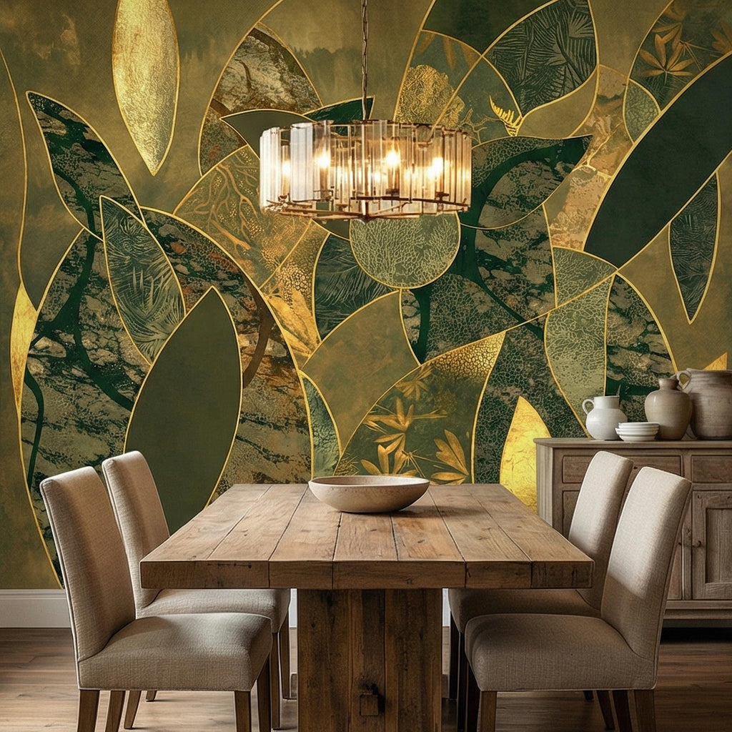 Art Deco Botanical Flower Peel and Stick Wall Mural, Dark Green Gold Abstract Geometric Floral, Large Scale Luxury Wallpaper