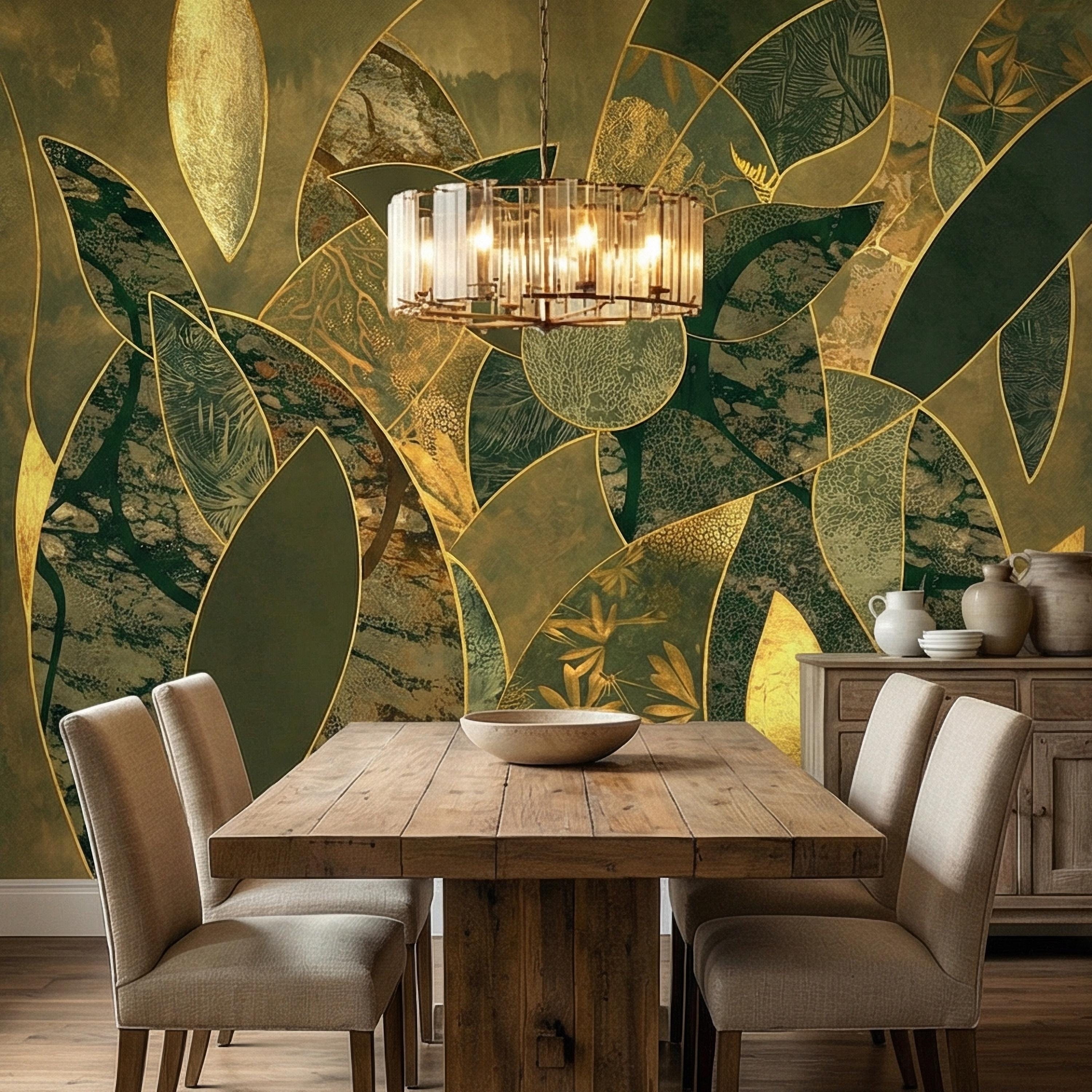 Art Deco Botanical Flower Peel and Stick Wall Mural, Dark Green Gold Abstract Geometric Floral, Large Scale Luxury Wallpaper