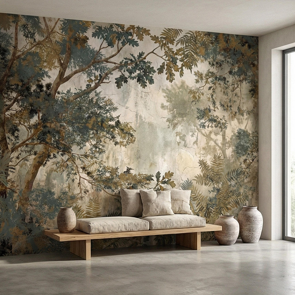Sage Green Botanical Peel and Stick Wall Mural, Misty Woodland Branches, Antique Plaster Fresco Landscape Wallpaper