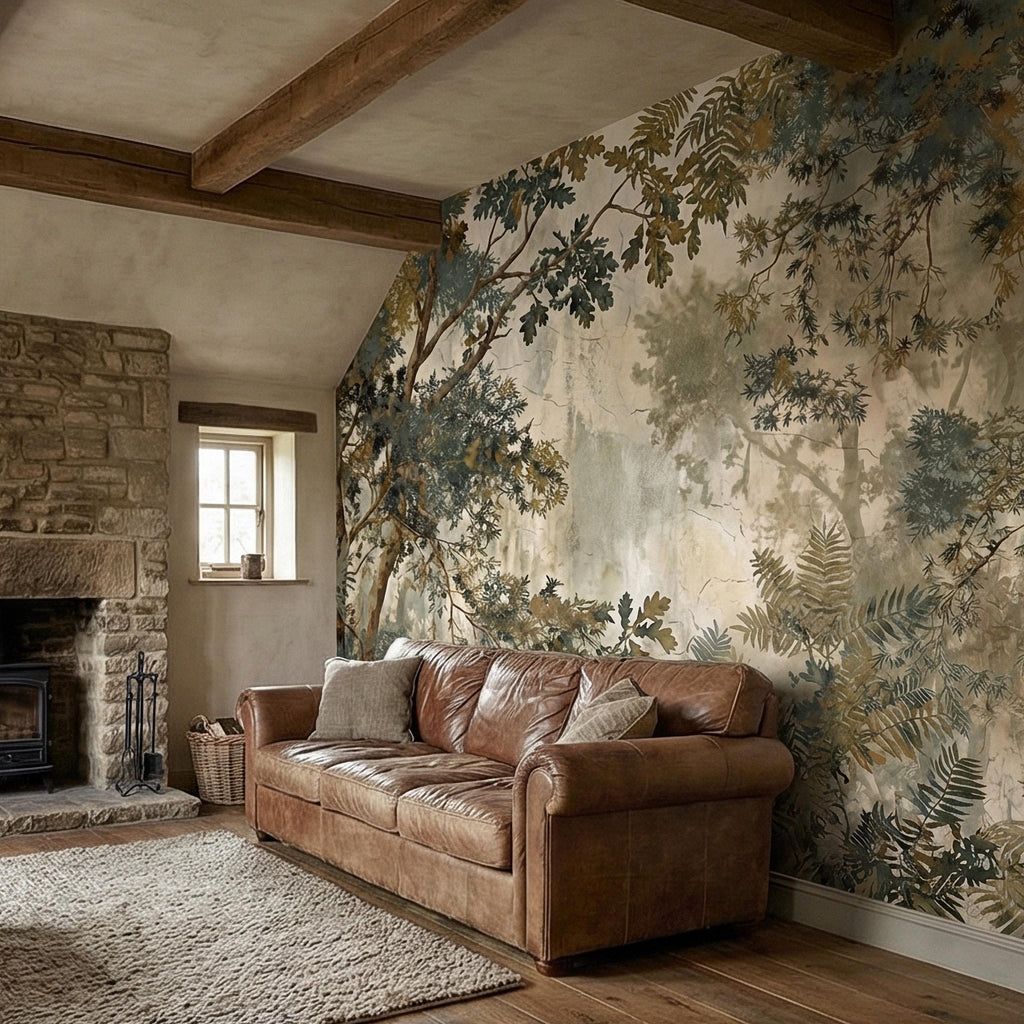 Sage Green Botanical Peel and Stick Wall Mural, Misty Woodland Branches, Antique Plaster Fresco Landscape Wallpaper