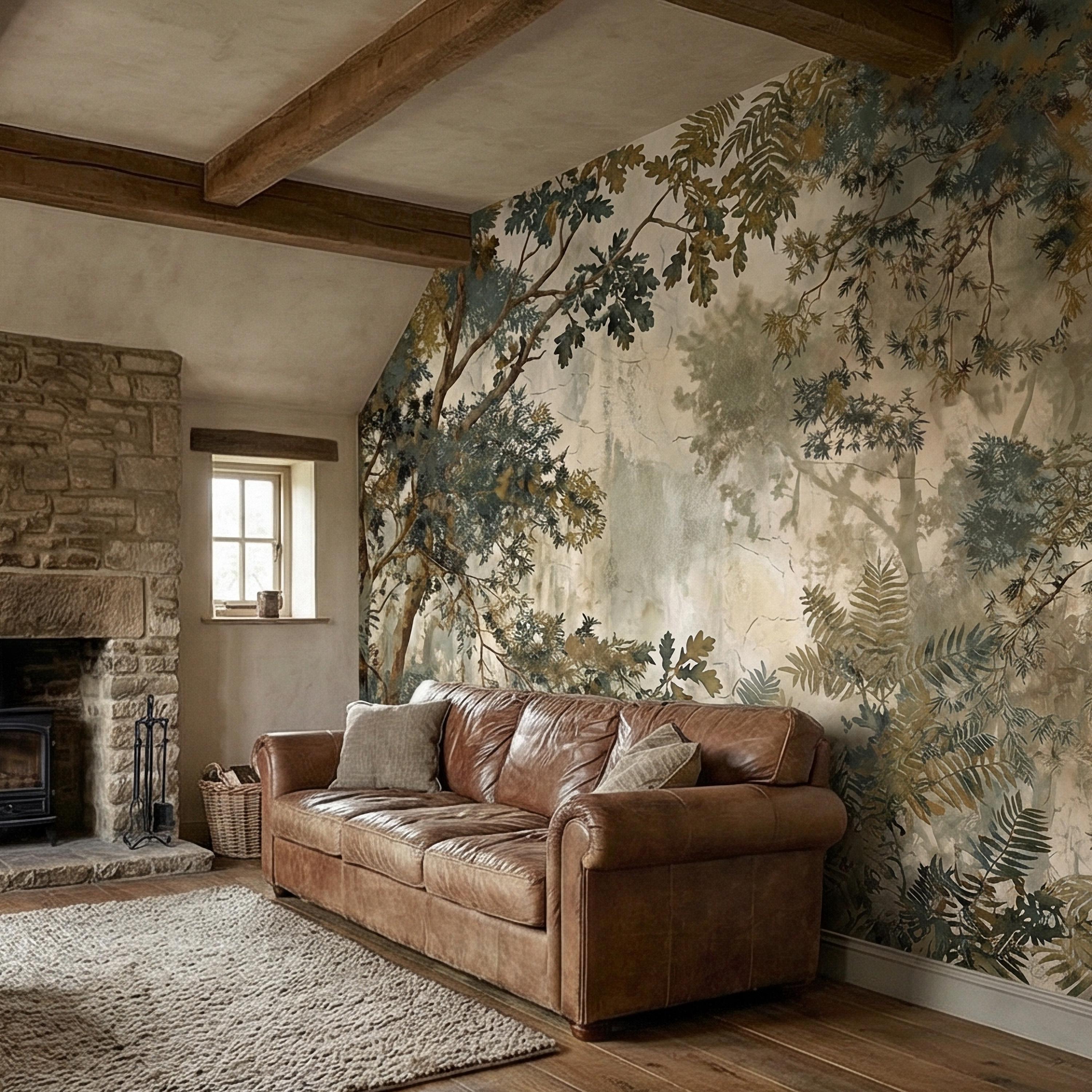 Sage Green Botanical Peel and Stick Wall Mural, Misty Woodland Branches, Antique Plaster Fresco Landscape Wallpaper