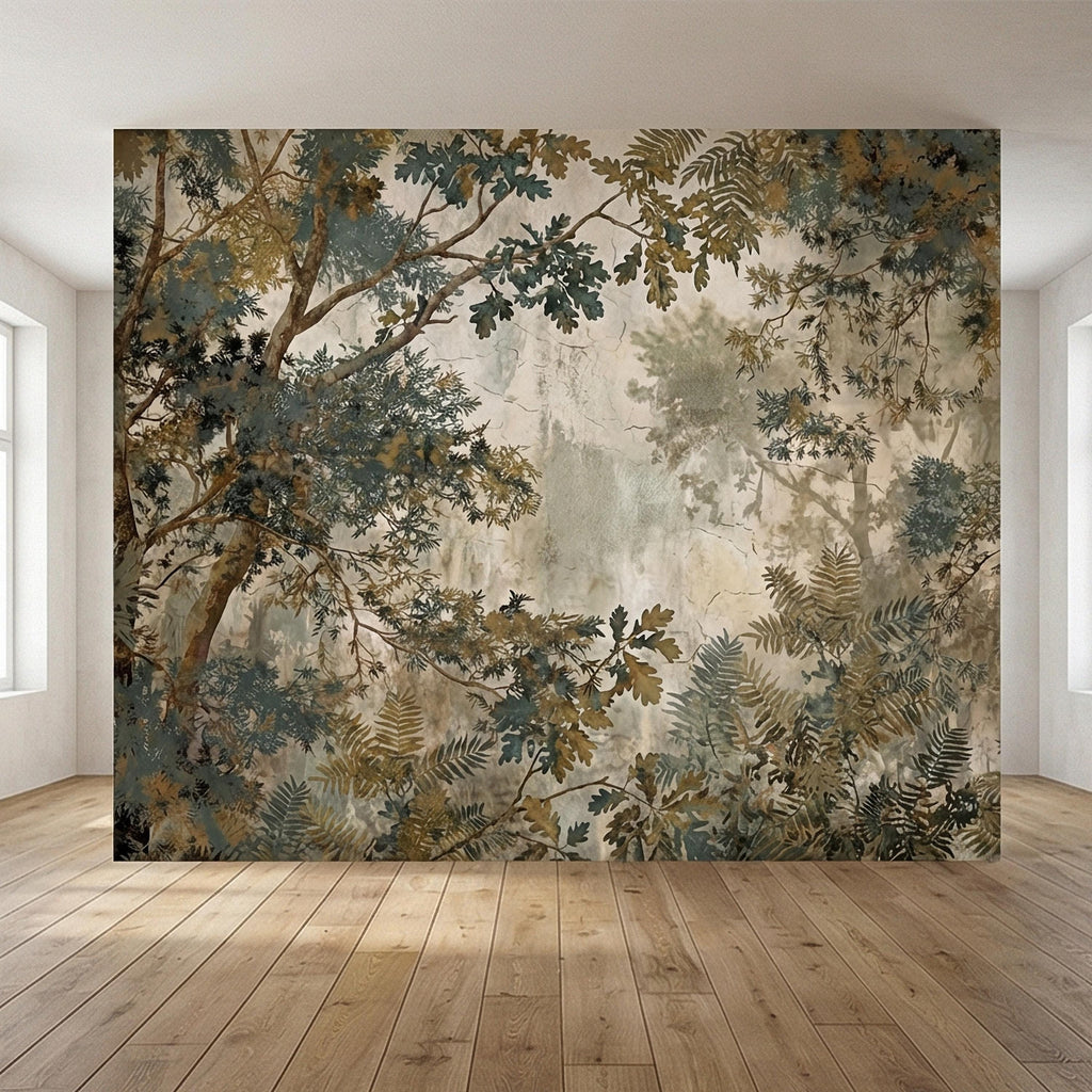 Sage Green Botanical Peel and Stick Wall Mural, Misty Woodland Branches, Antique Plaster Fresco Landscape Wallpaper