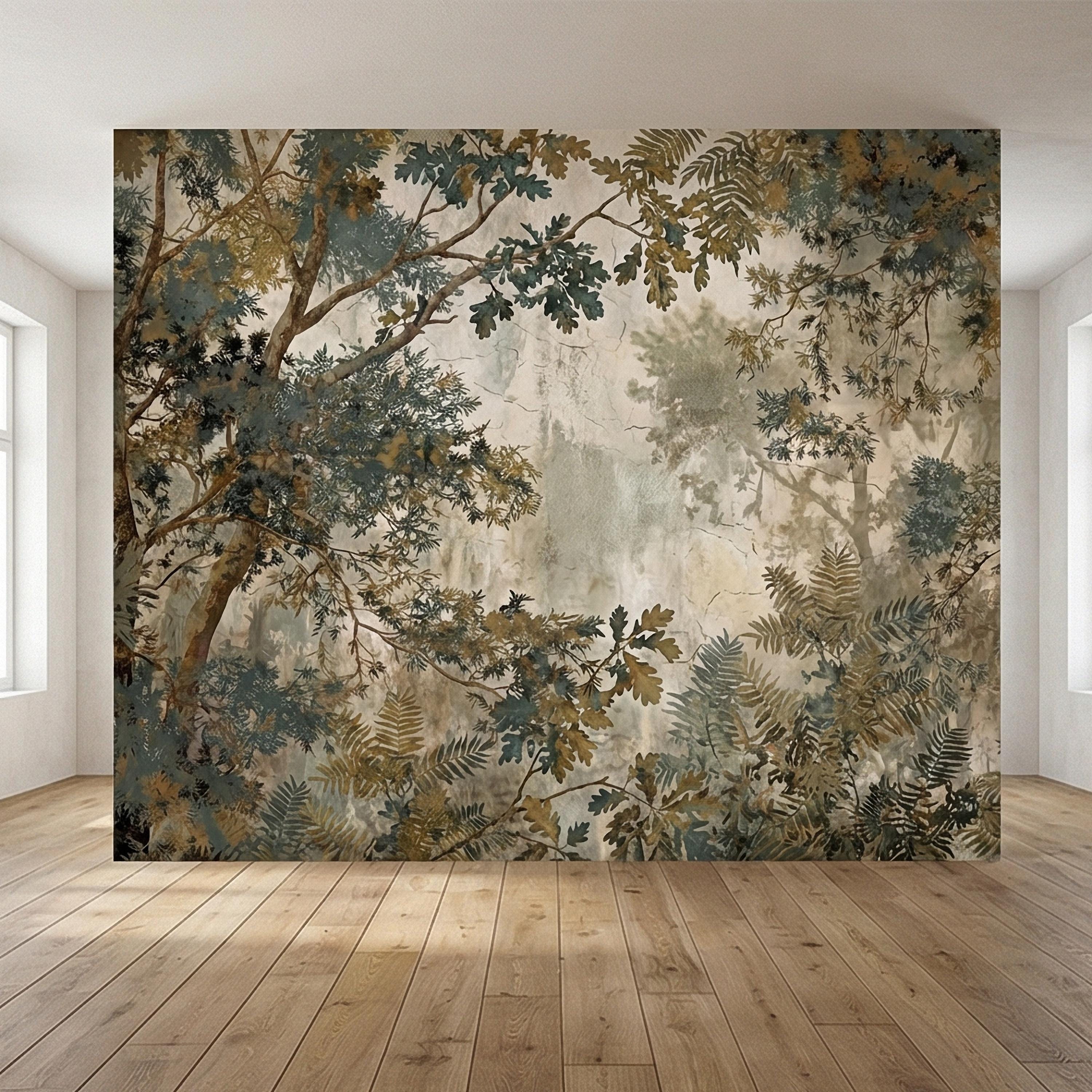 Sage Green Botanical Peel and Stick Wall Mural, Misty Woodland Branches, Antique Plaster Fresco Landscape Wallpaper
