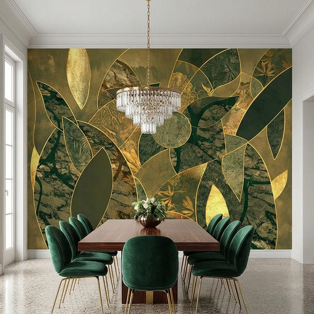 Art Deco Botanical Flower Peel and Stick Wall Mural, Dark Green Gold Abstract Geometric Floral, Large Scale Luxury Wallpaper