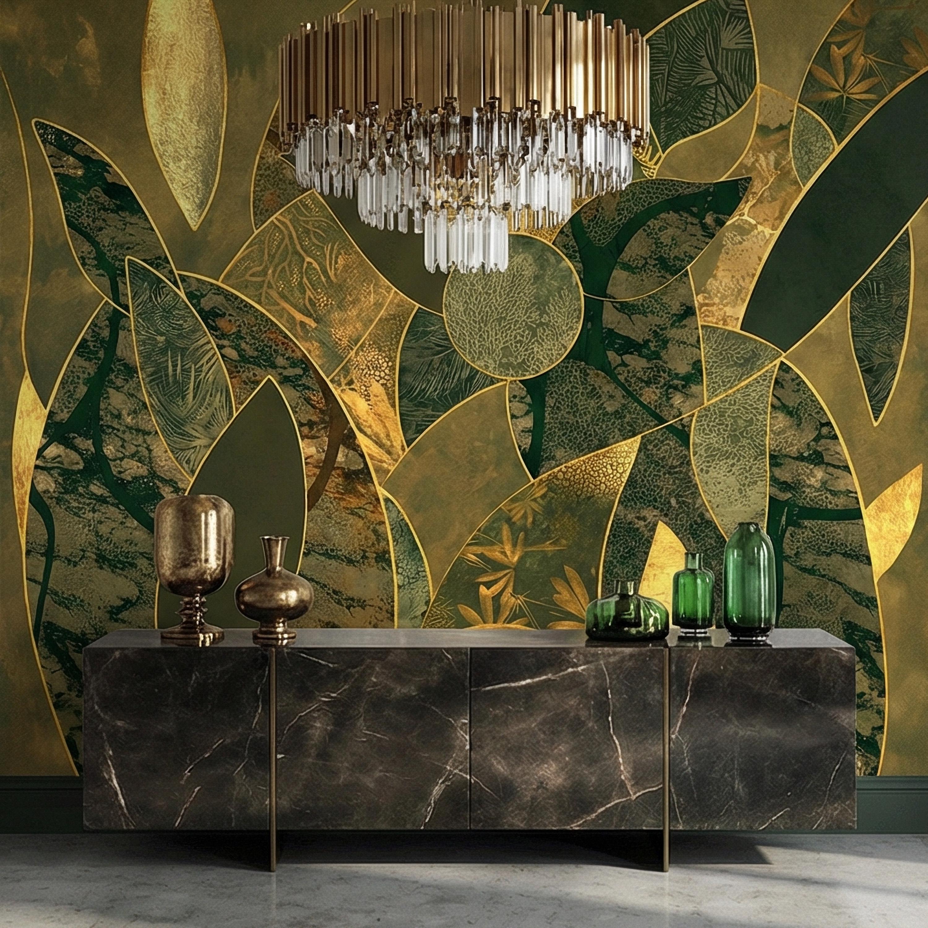 Art Deco Botanical Flower Peel and Stick Wall Mural, Dark Green Gold Abstract Geometric Floral, Large Scale Luxury Wallpaper